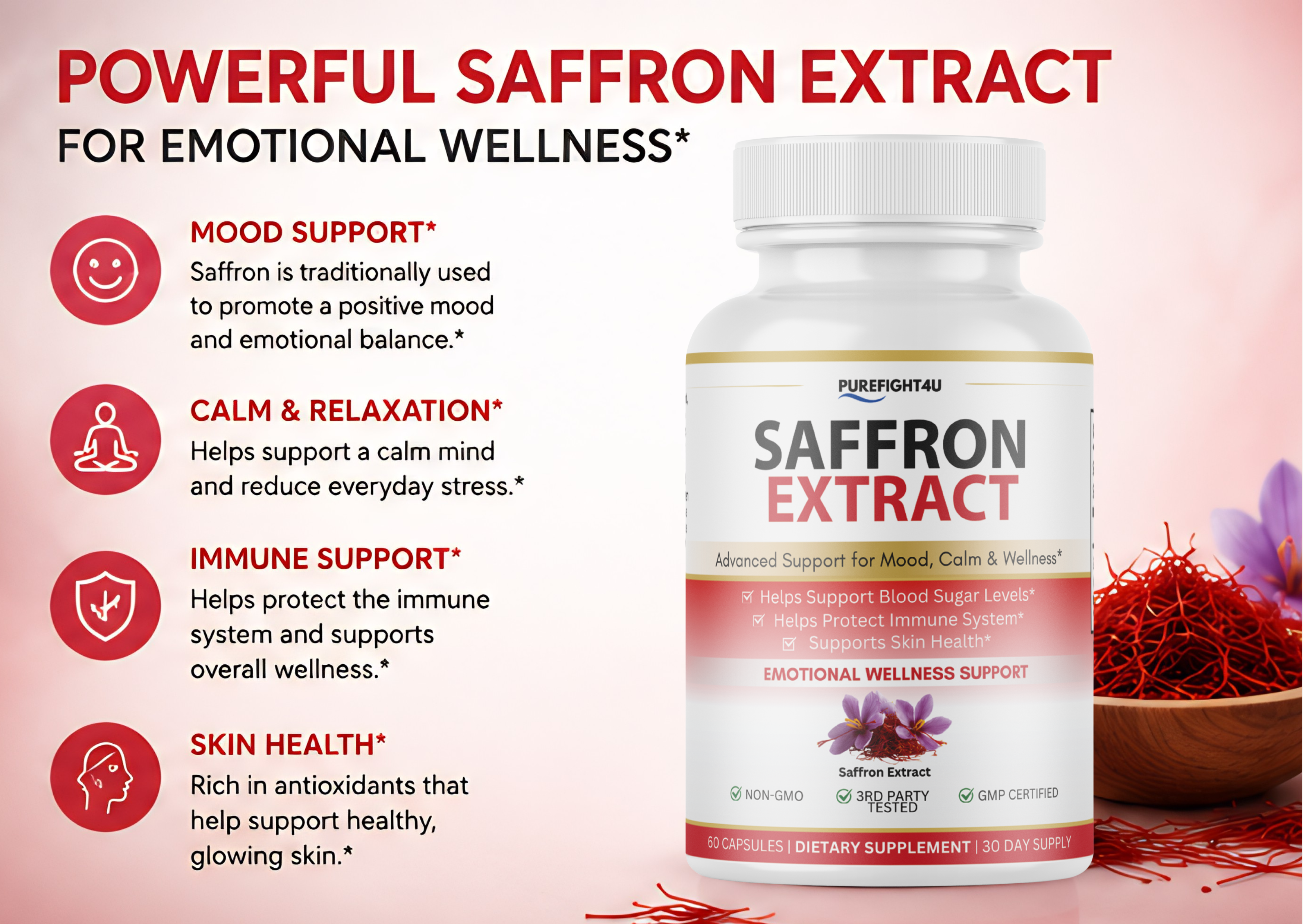 Saffron Extract Mood Support Calm Emotional Wellness - 60 Capsules