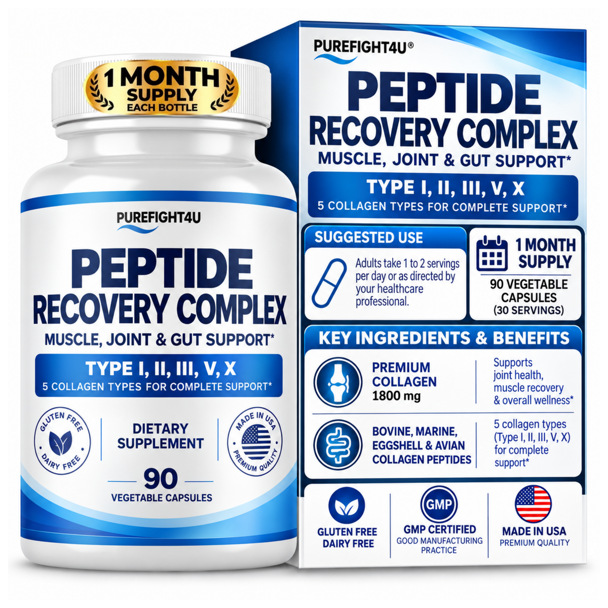 PUREFIGHT4U Peptide Recovery Complex, 1,800 mg Collagen Protein Complex, 5 Collagen Types, 90 Capsules