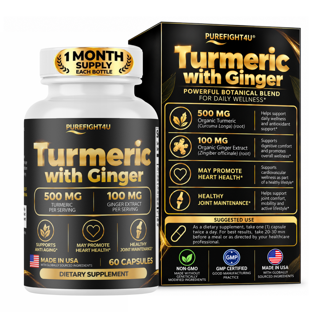 PUREFIGHT4U Turmeric with Ginger, 500 mg Turmeric & 100 mg Ginger Extract, Joint Wellness Support, 60 Capsules