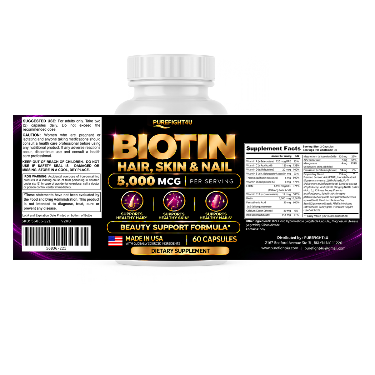 PureFight4U Biotin 5,000 mcg Dietary Supplement, Hair Skin & Nail Formula, 60 Capsules