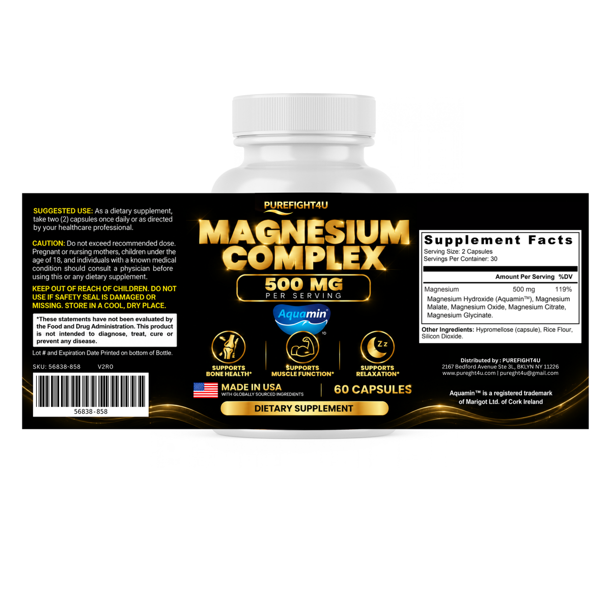 PureFight4U Magnesium Complex 500 mg, Multi-Form Magnesium Dietary Supplement, 60 Capsules
