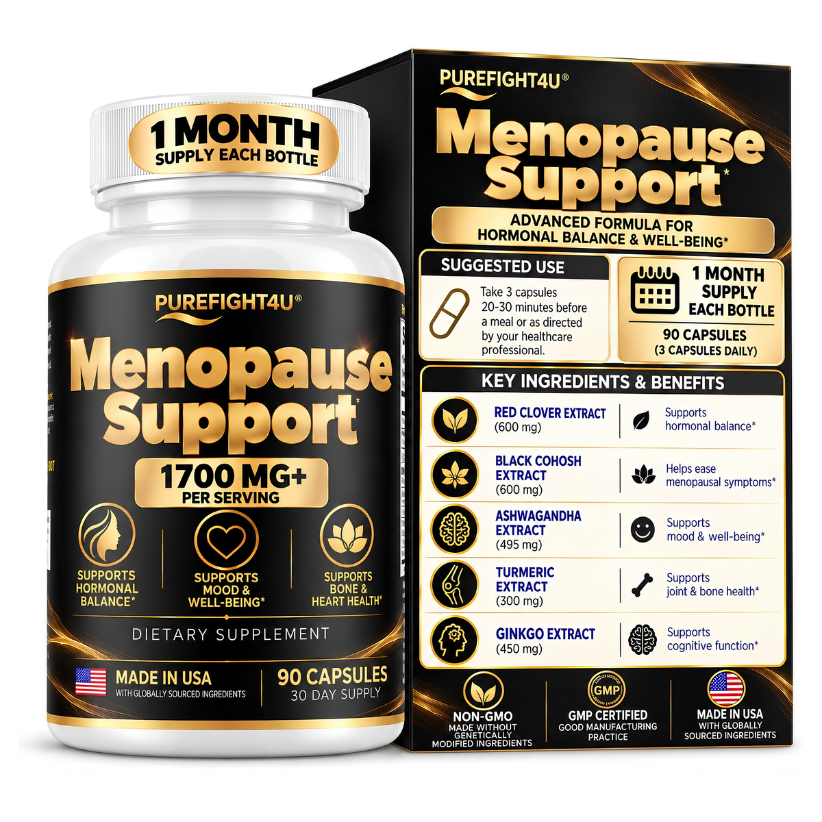 PUREFIGHT4U Menopause Support, Women's Wellness Formula with Probiotics & Botanicals, 90 Capsules
