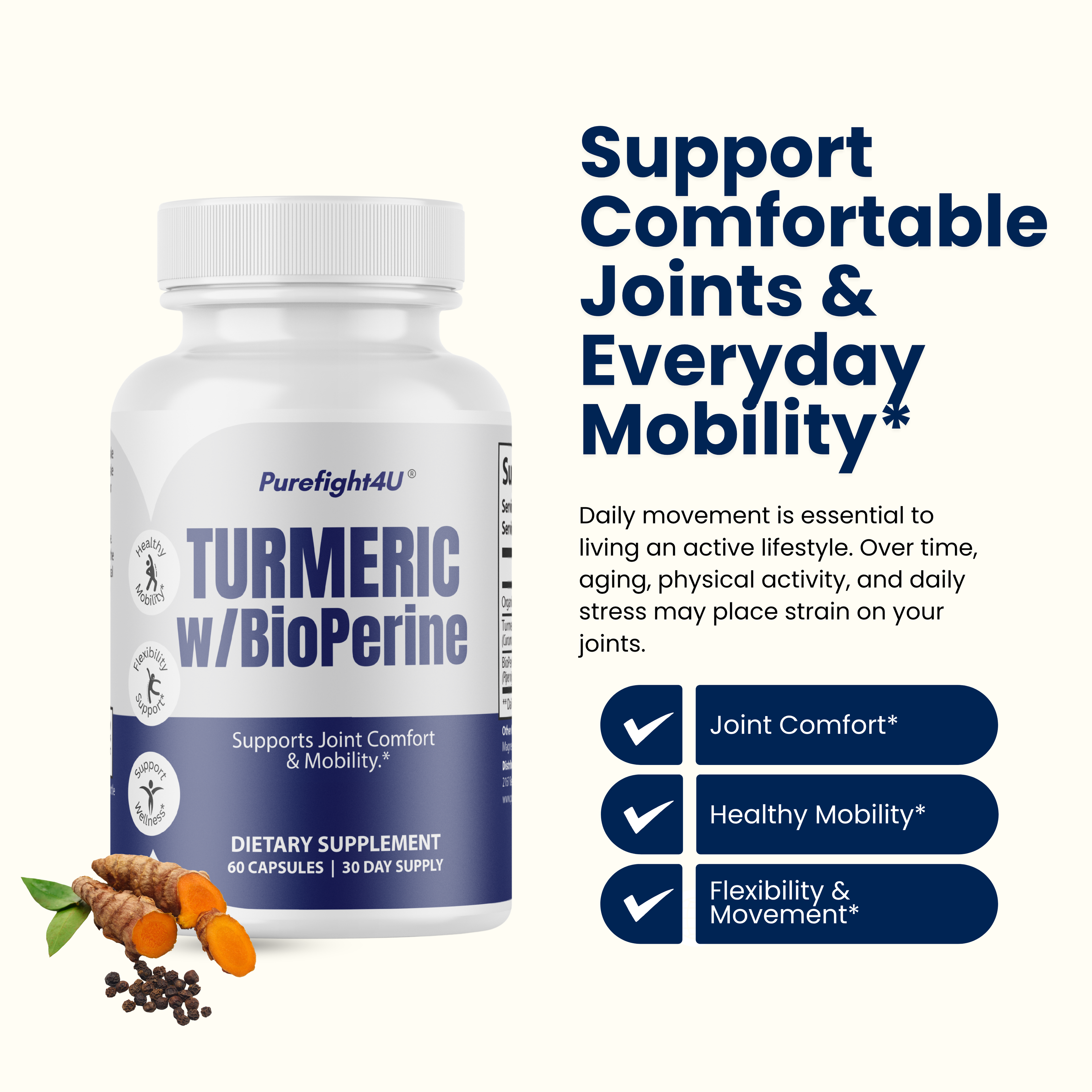 Turmeric w/ BioPerine Supports Joint Comfort & Mobility Supplement - 60 Capsules