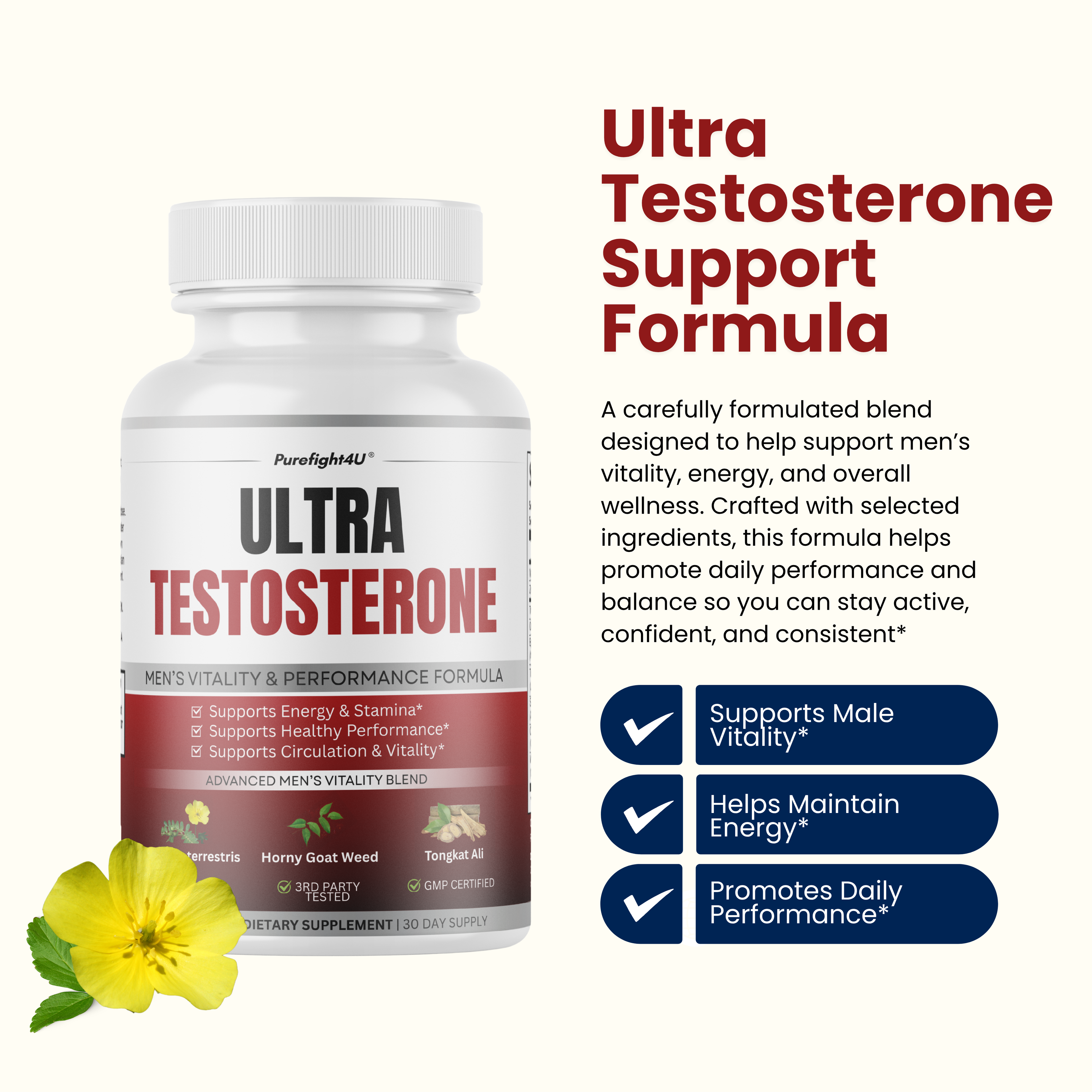 Ultra Testosterone Booster Supplement Formula for Men's Vitality - 90 Capsules