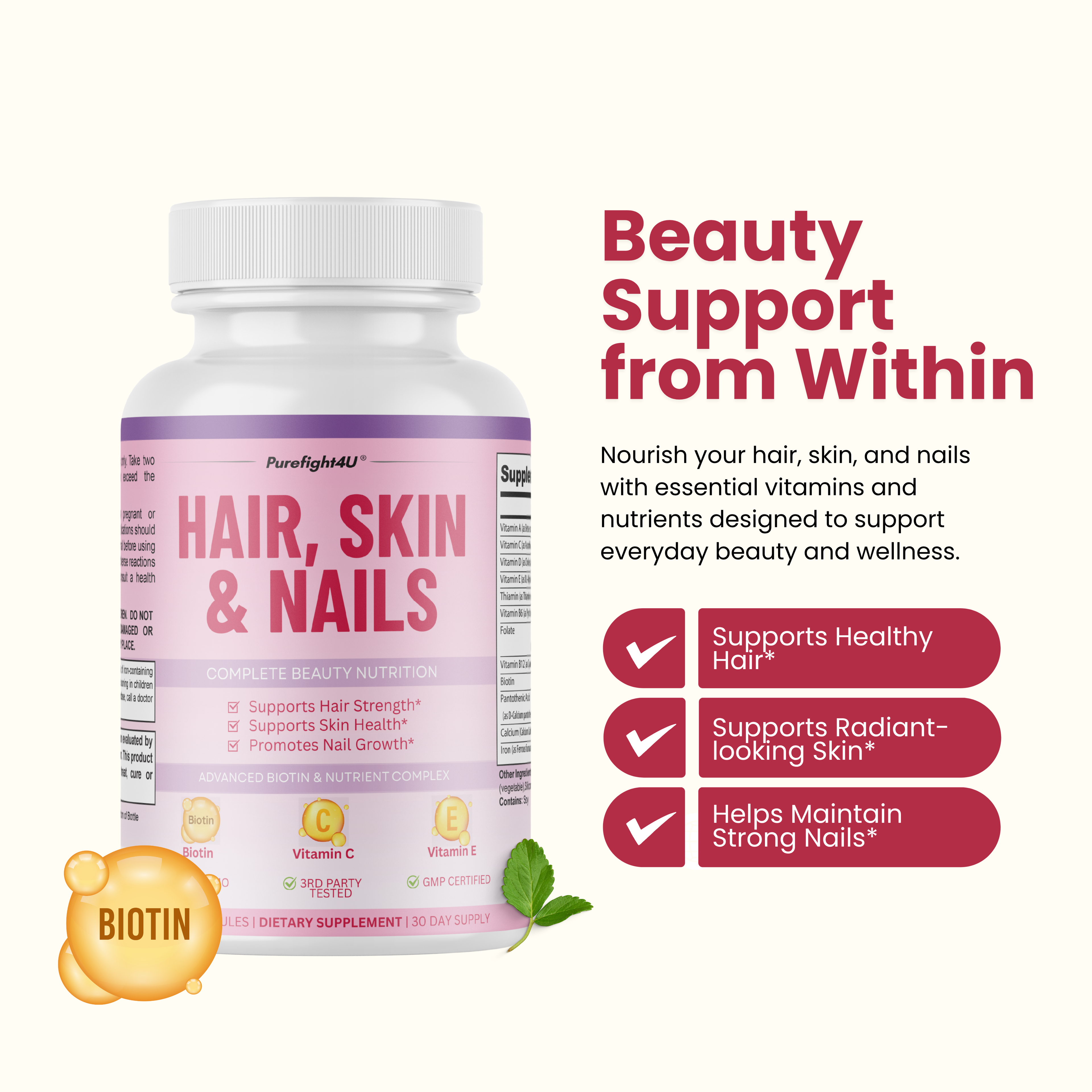 Purefight4u Hair, Skin & Nails Supports Healthy Hair Growth wBiotin -60 Capsules