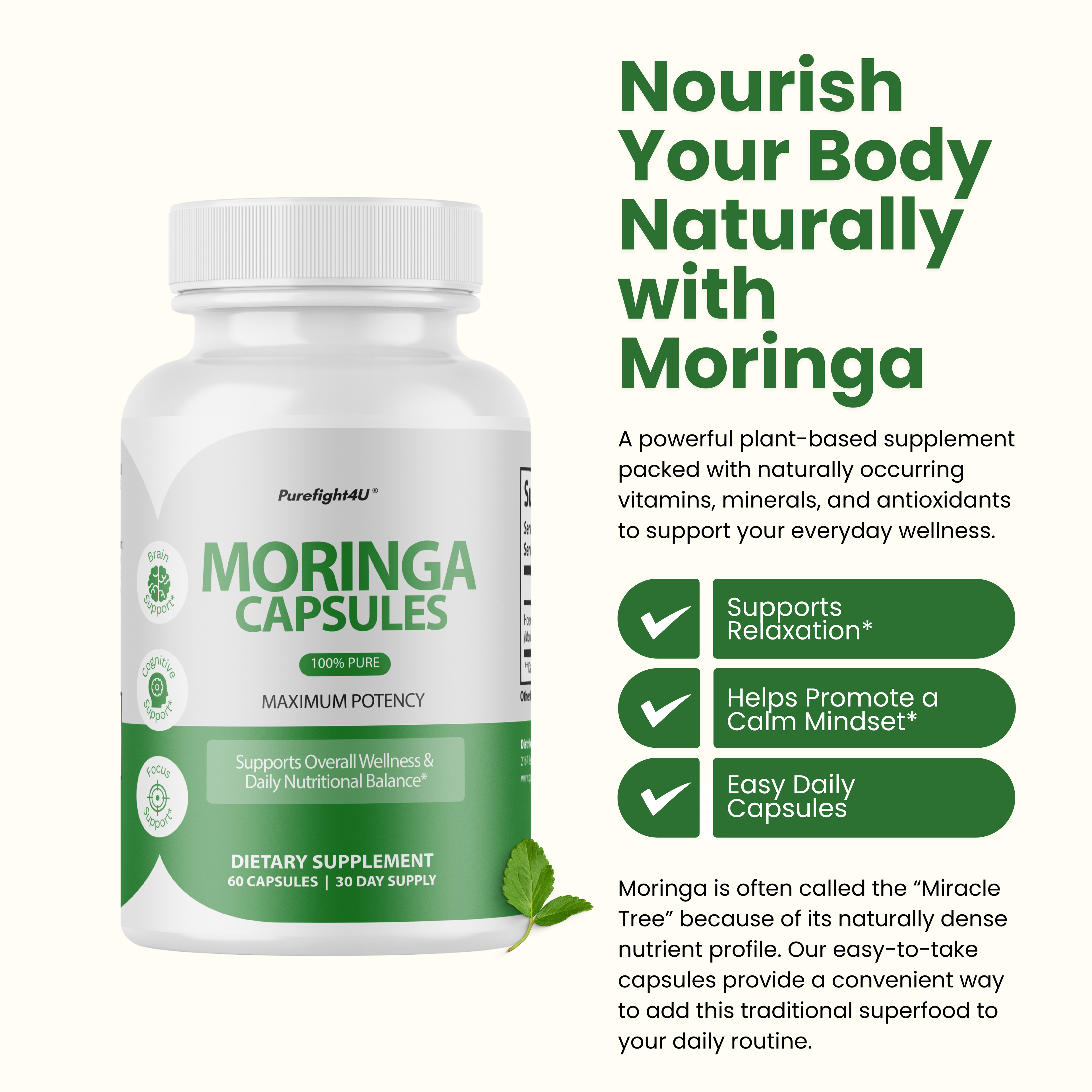 Moringa Capsules 100% Pure, Supports Overall Wellness Supplement - 60 Capsules