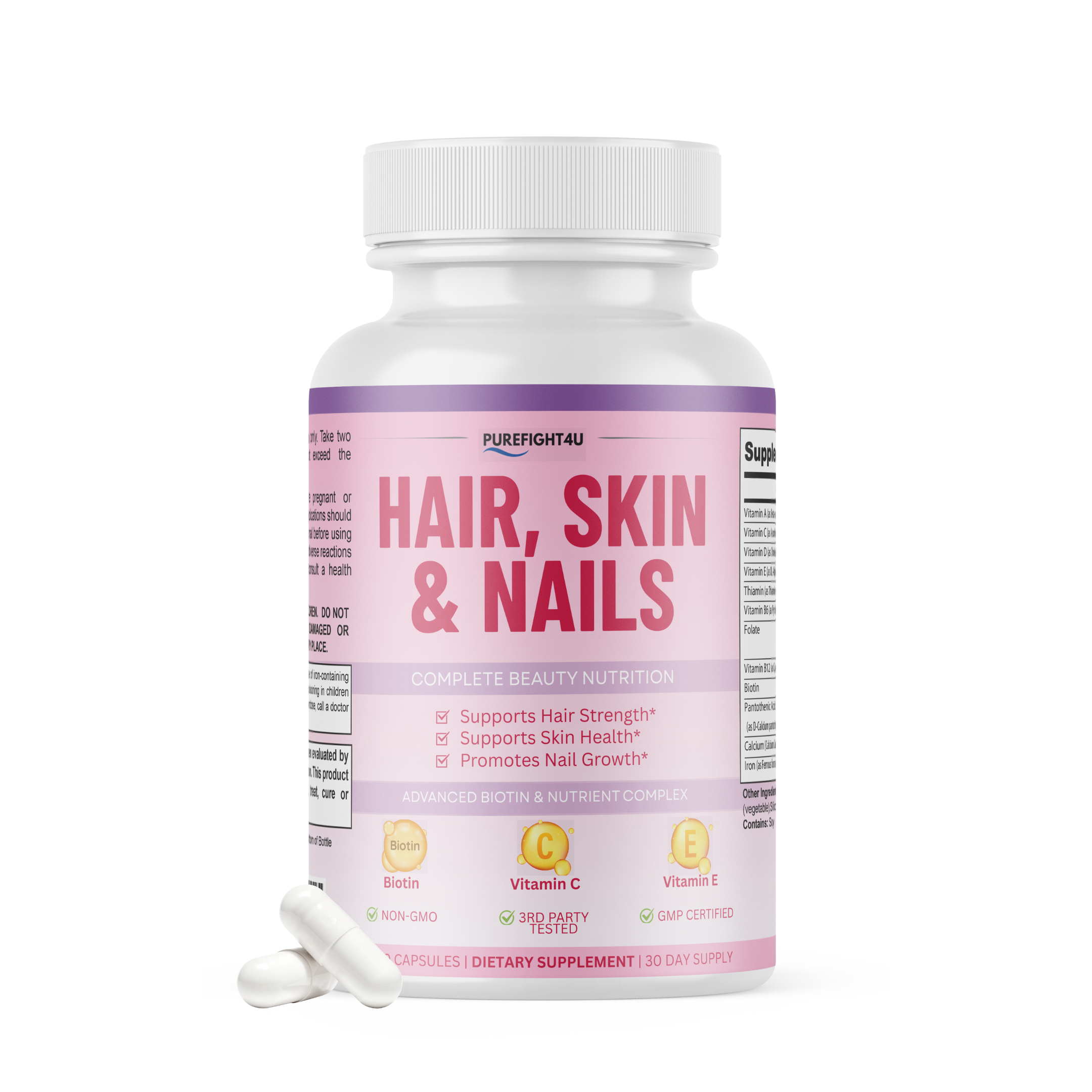 Purefight4u Hair, Skin & Nails Supports Healthy Hair Growth wBiotin -60 Capsules