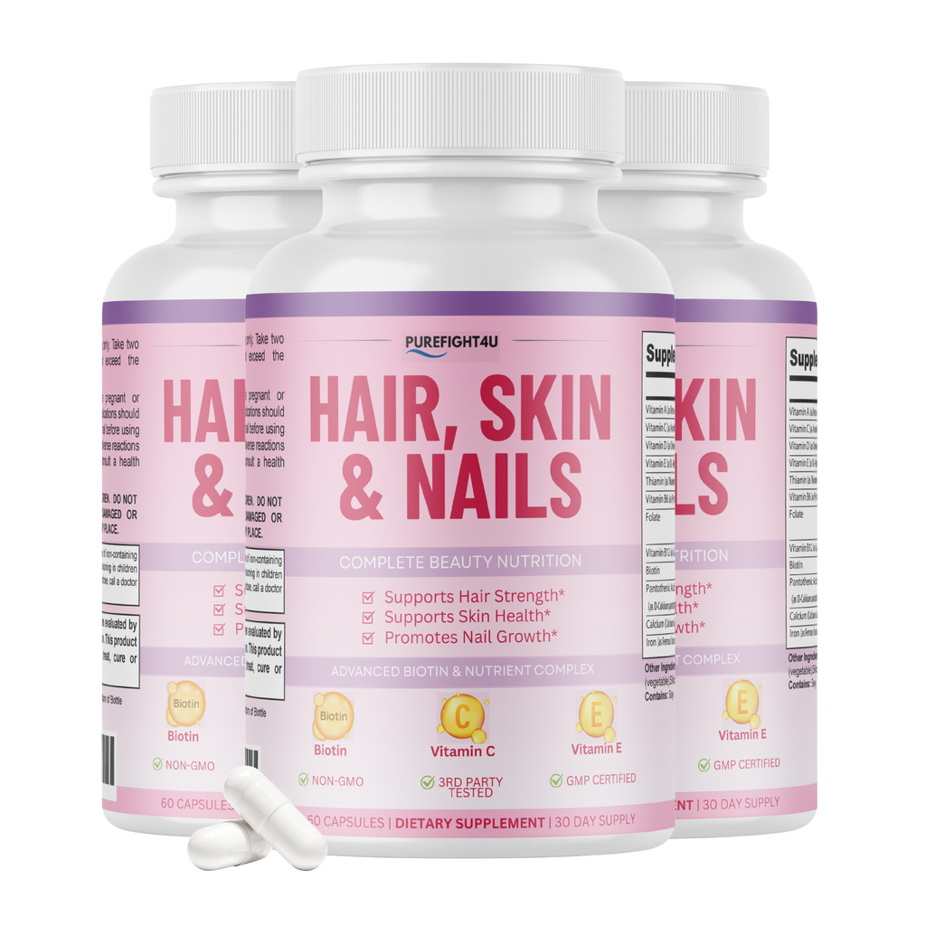 Purefight4u Hair, Skin & Nails Supports Healthy Hair Growth wBiotin - 3 Bottles