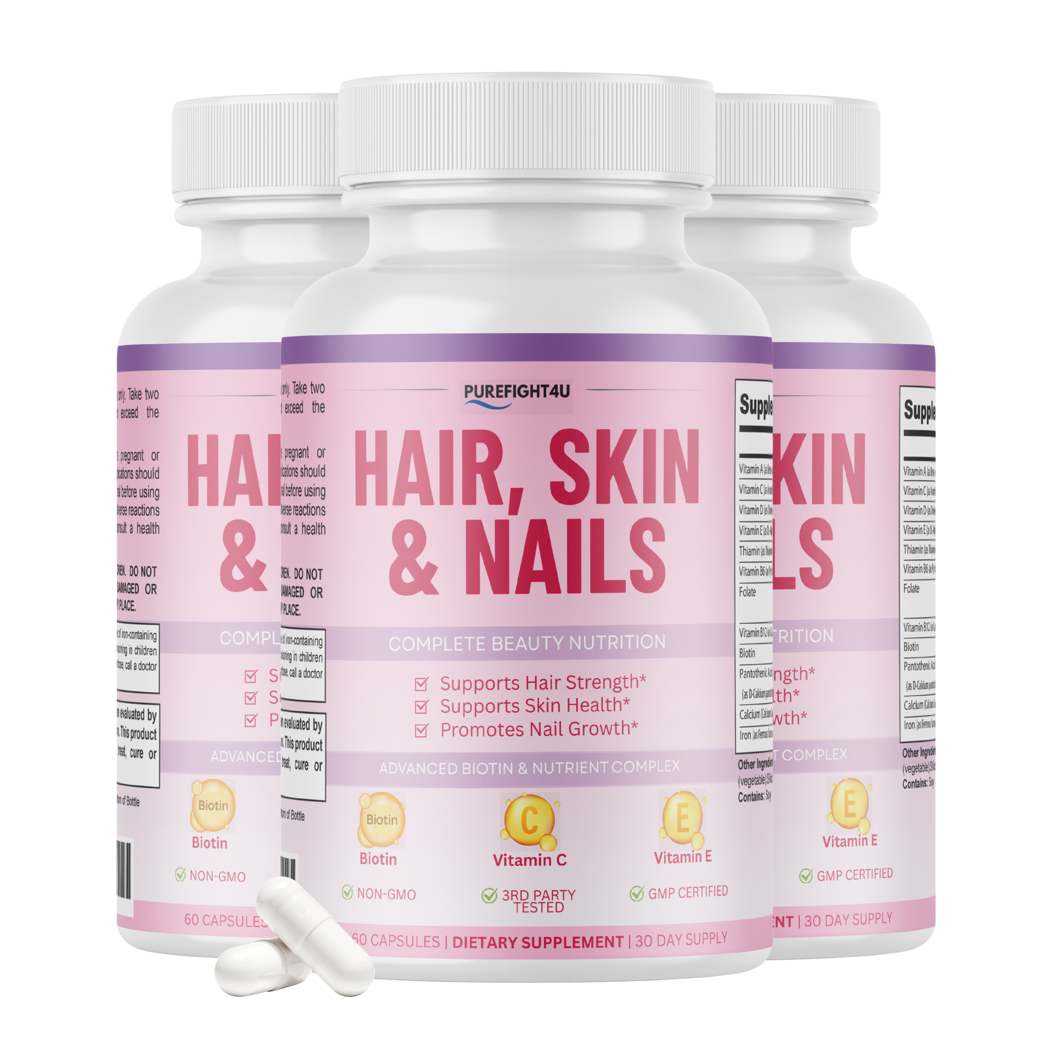 Purefight4u Hair, Skin & Nails Supports Healthy Hair Growth wBiotin - 3 Bottles