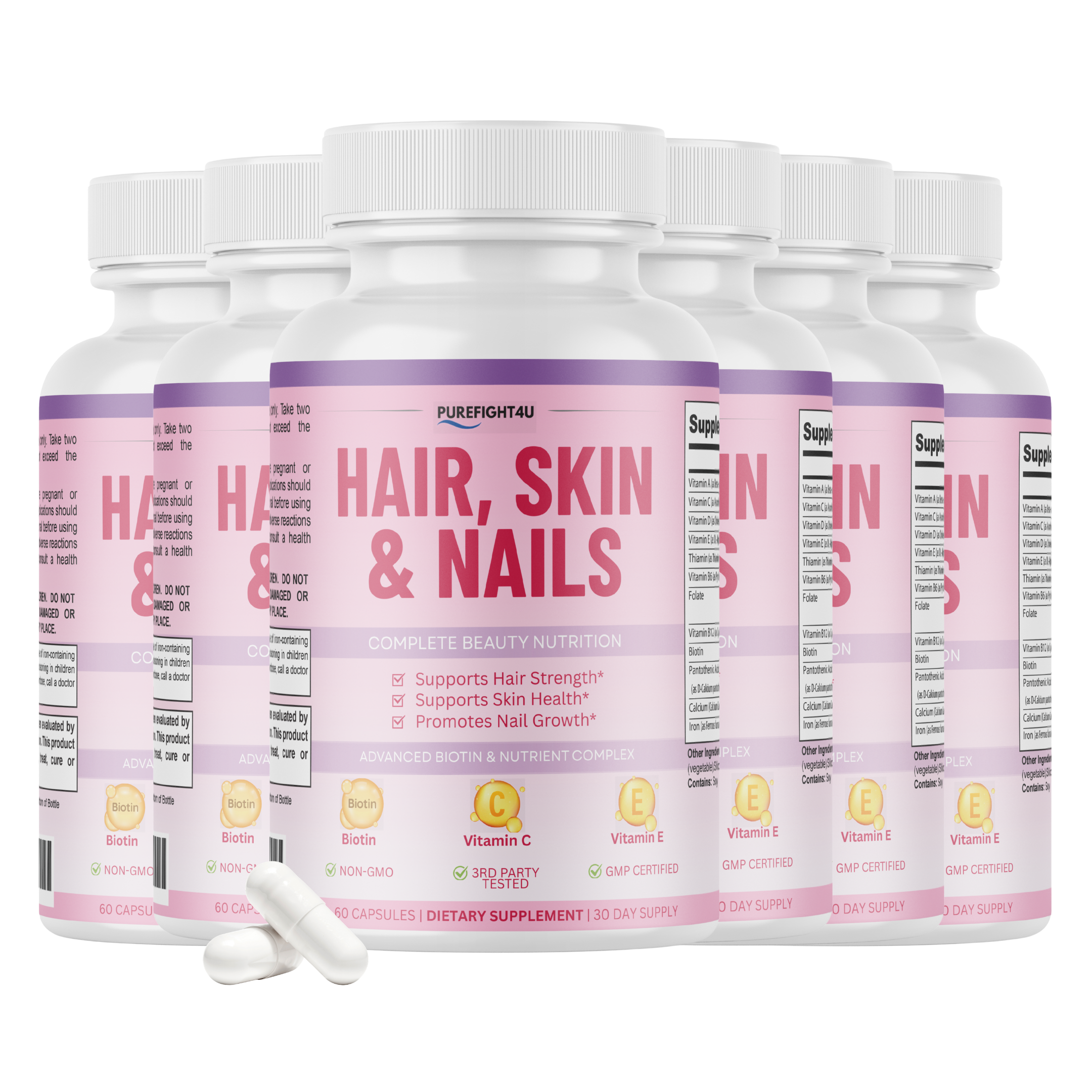 Purefight4u Hair, Skin & Nails Supports Healthy Hair Growth wBiotin -60 Capsules