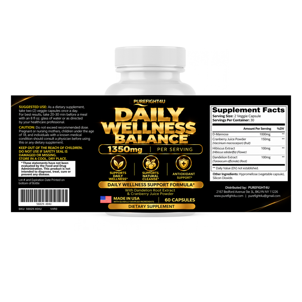 PureFight4U Daily Wellness Balance with D-Mannose, Cranberry, Hibiscus & Dandelion, 60 Capsules