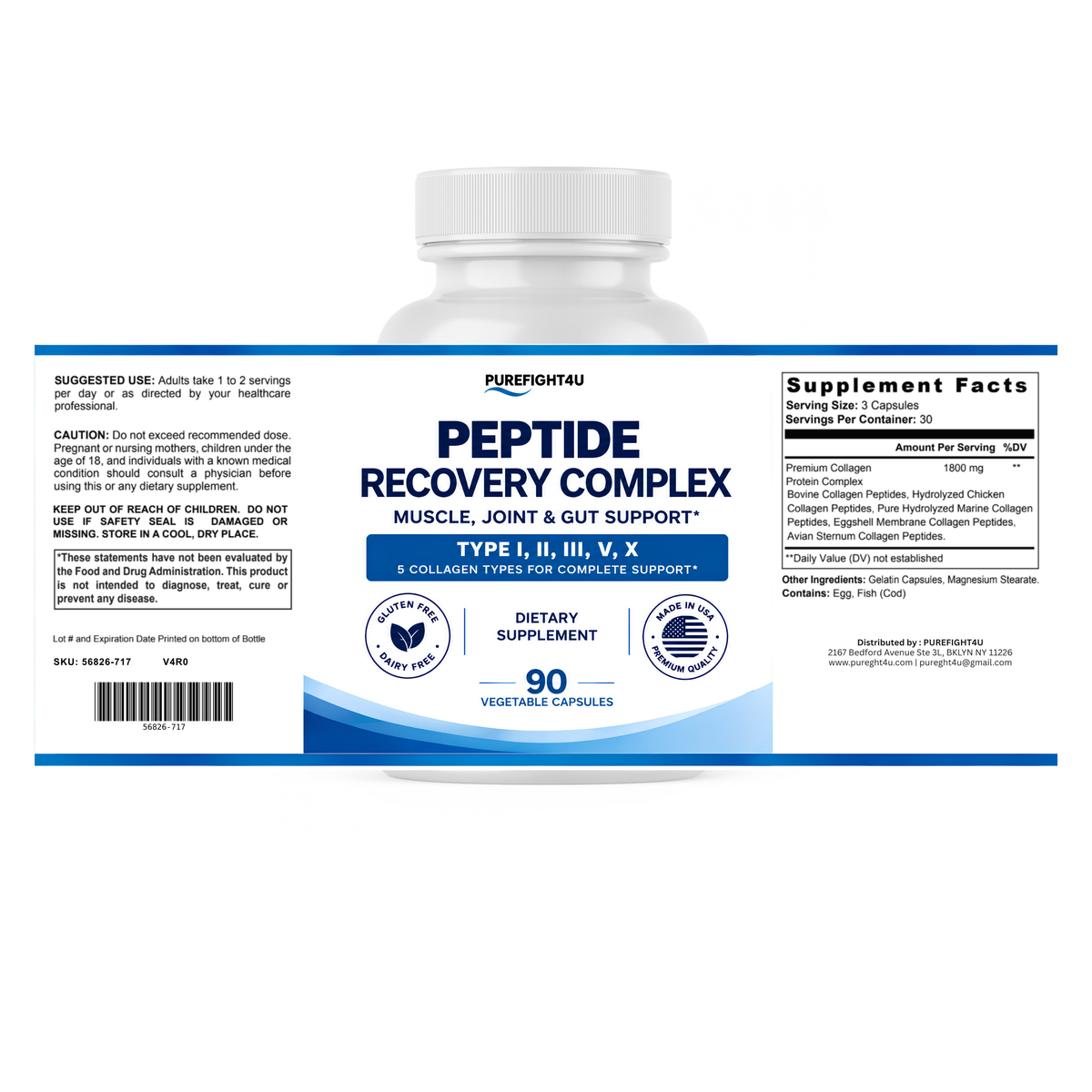 PUREFIGHT4U Peptide Recovery Complex, 1,800 mg Collagen Protein Complex, 5 Collagen Types, 90 Capsules