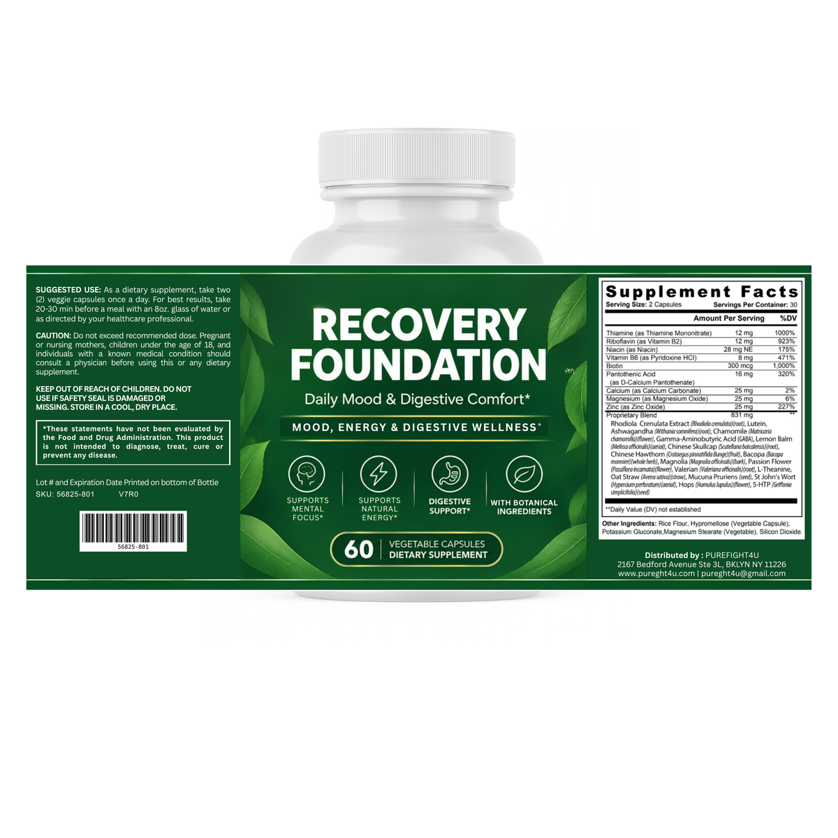 Recovery Foundation, Mood, Energy & Digestive Wellness, Botanical Dietary Supplement, 60 Capsules