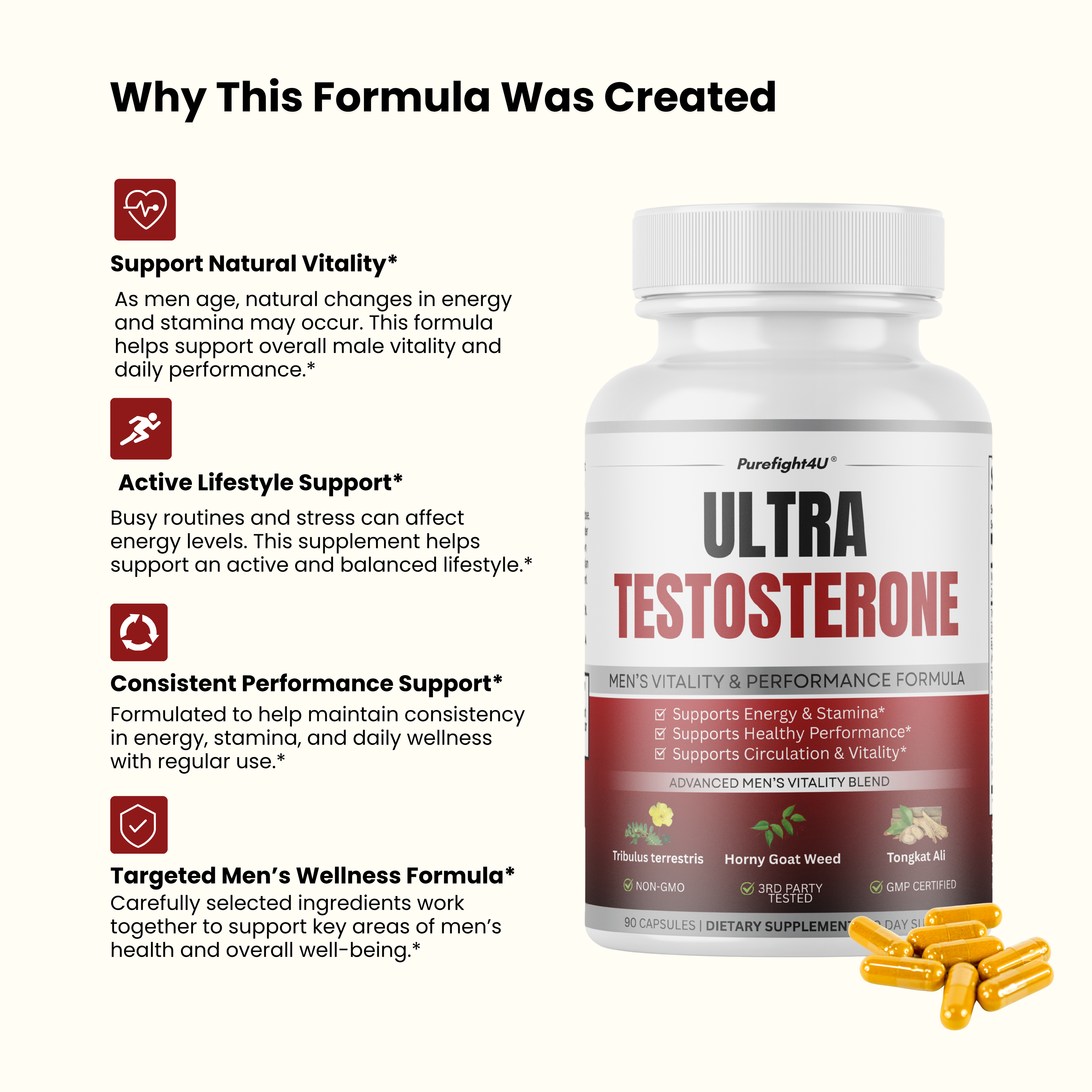 Ultra Testosterone Booster Supplement Formula for Men's Vitality - 90 Capsules