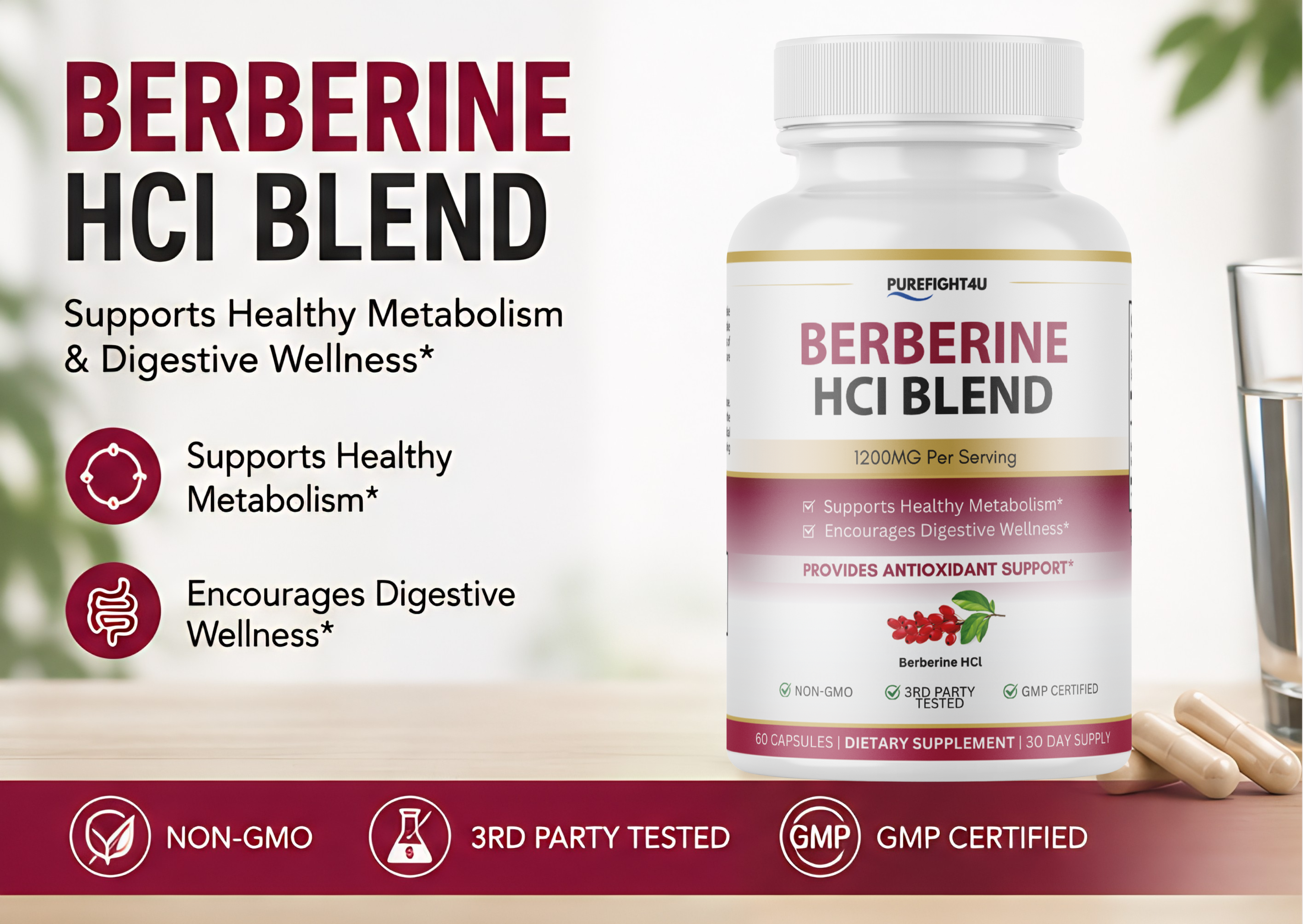 Berberine HCl 1200mg Metabolism Digestive Support - 60 Capsules