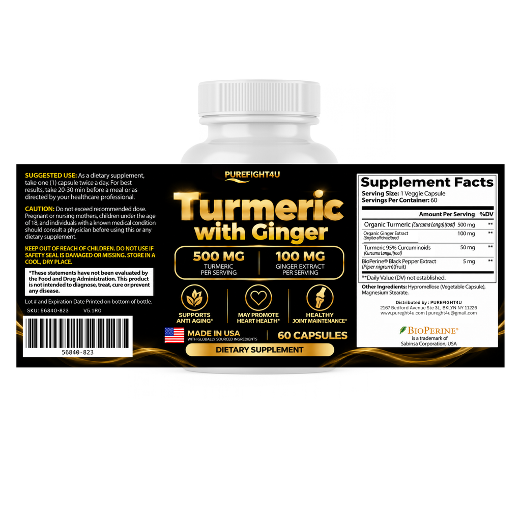 PUREFIGHT4U Turmeric with Ginger, 500 mg Turmeric & 100 mg Ginger Extract, Joint Wellness Support, 60 Capsules