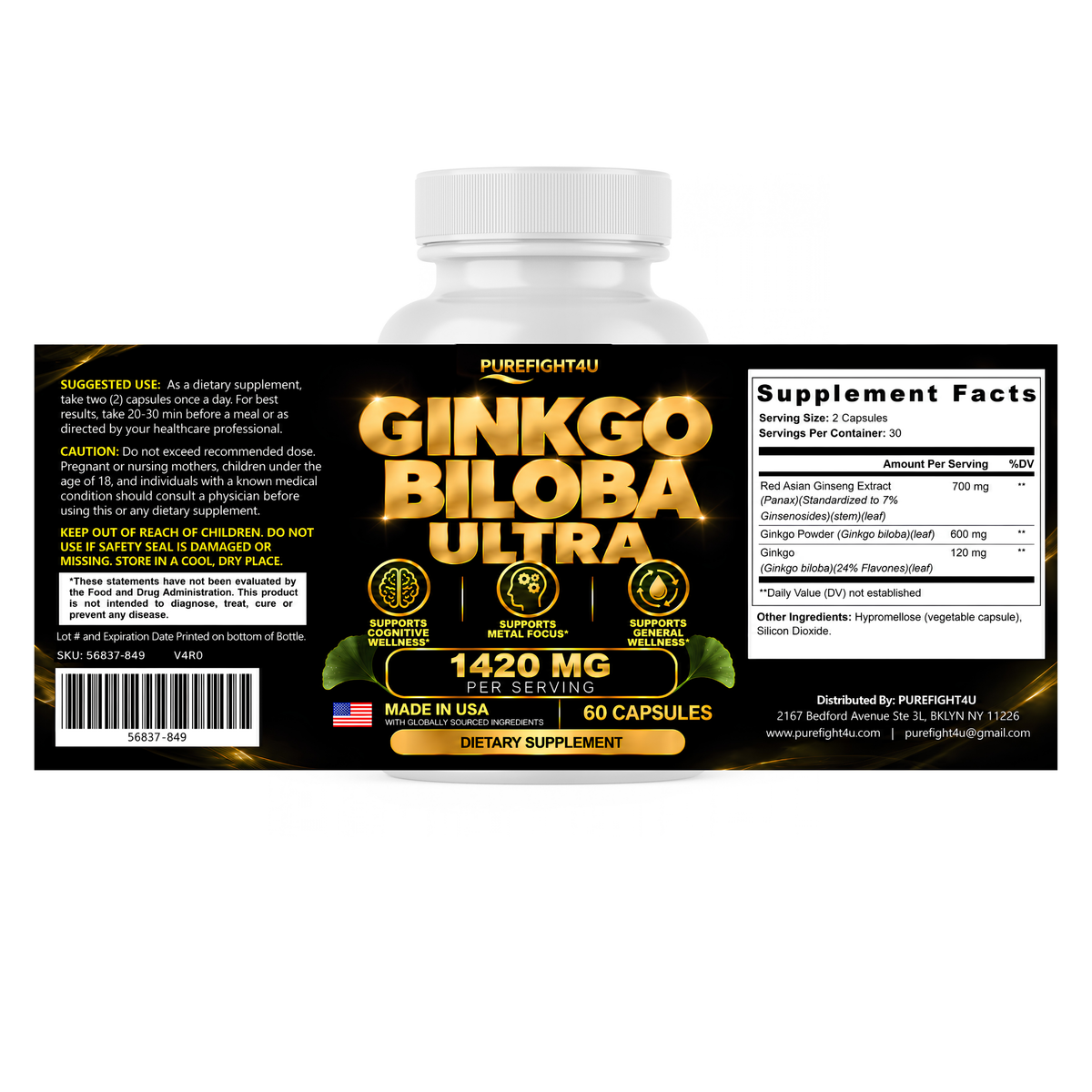 PUREFIGHT4U Ginkgo Biloba Ultra 1420 mg, Ginkgo & Red Asian Ginseng, Cognitive & Mental Focus Support, 60 Capsules