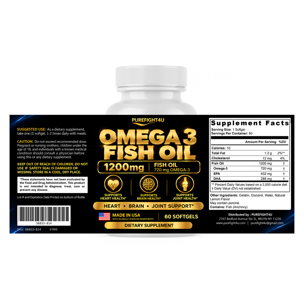 PUREFIGHT4U Omega 3 Fish Oil 1200 mg, 720 mg Omega-3, EPA 432 mg & DHA 288 mg, 60 Softgels