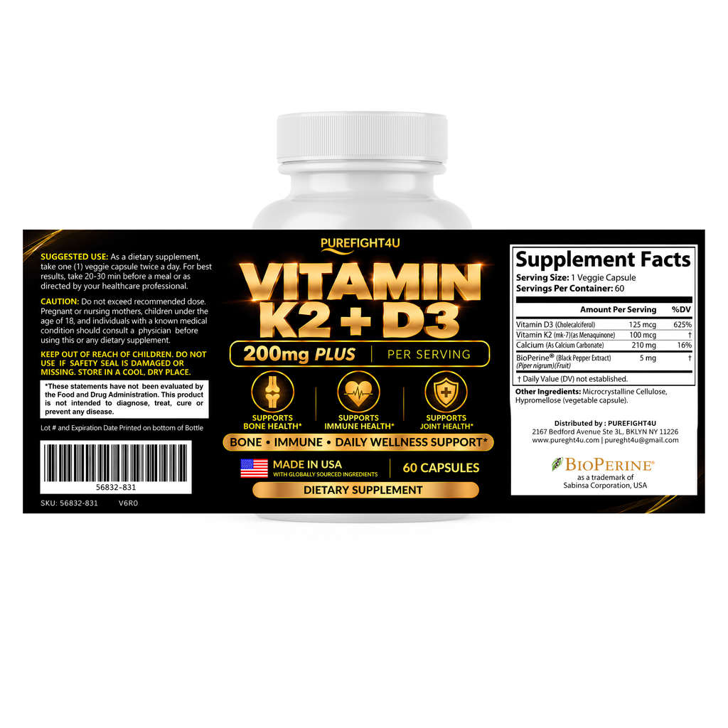 PUREFIGHT4U Vitamin K2 + D3, 125 mcg Vitamin D3 & 100 mcg Vitamin K2, Bone, Immune & Joint Support, 60 Capsules