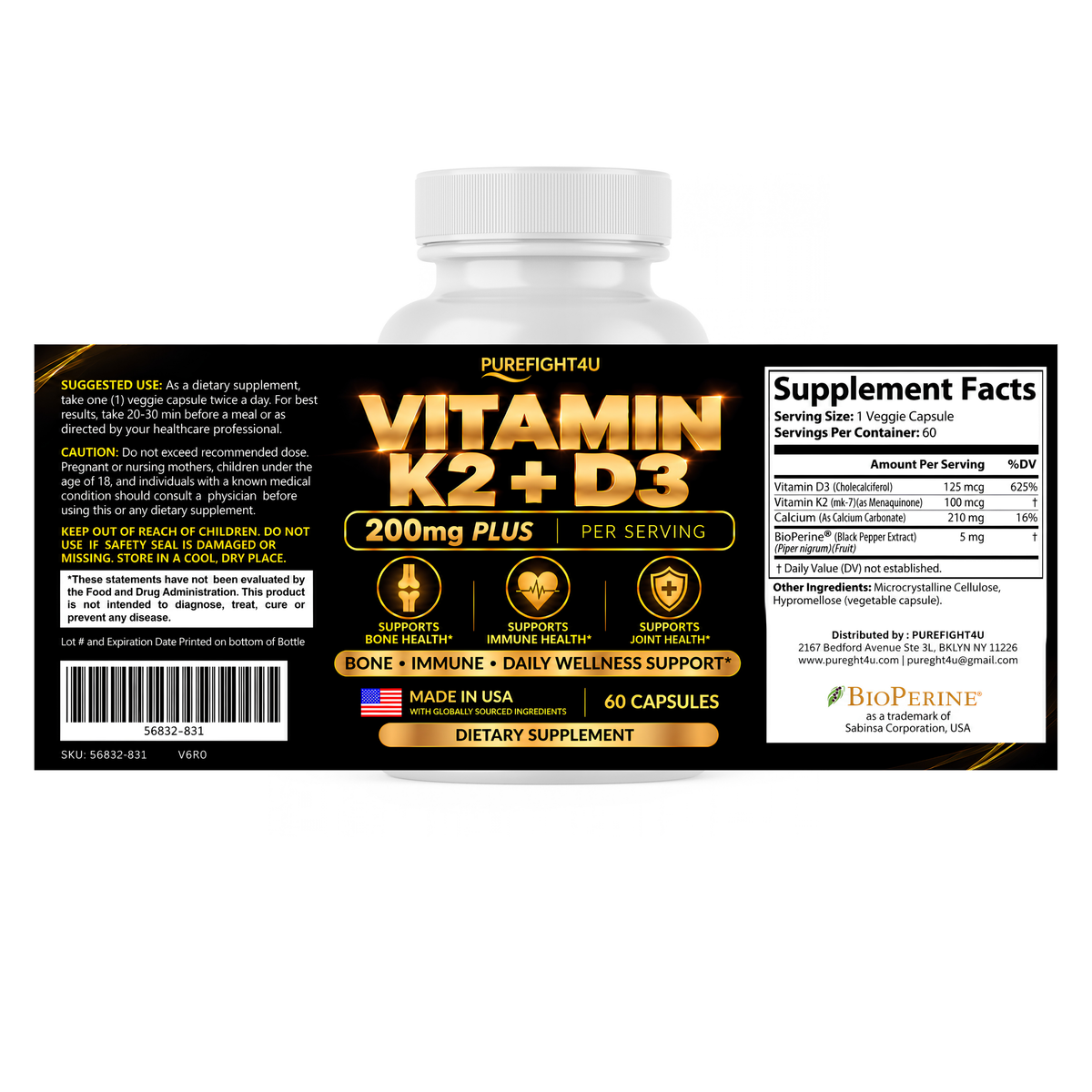 PUREFIGHT4U Vitamin K2 + D3, 125 mcg Vitamin D3 & 100 mcg Vitamin K2, Bone, Immune & Joint Support, 60 Capsules