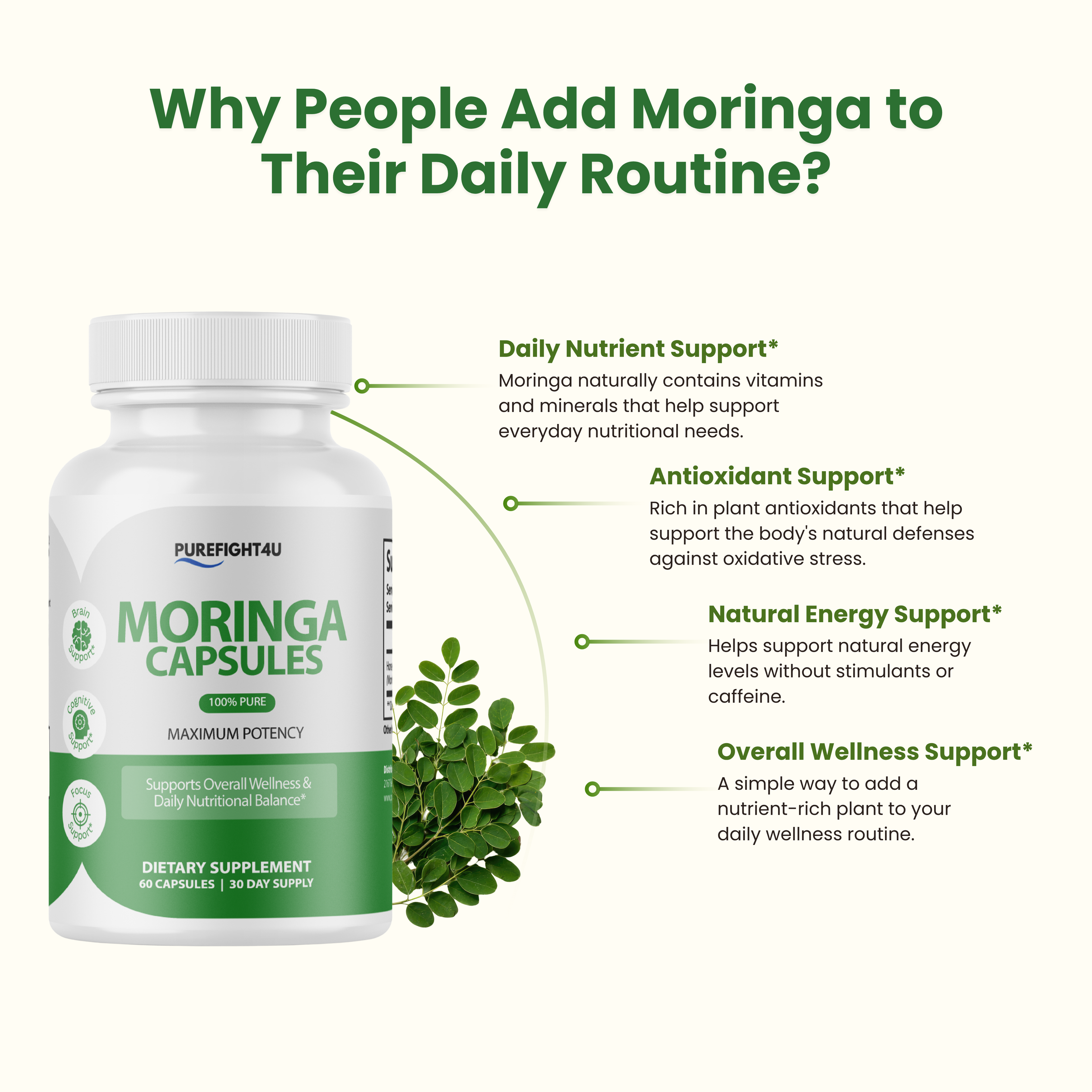 Moringa Capsules 100% Pure, Supports Overall Wellness Supplement - 60 Capsules