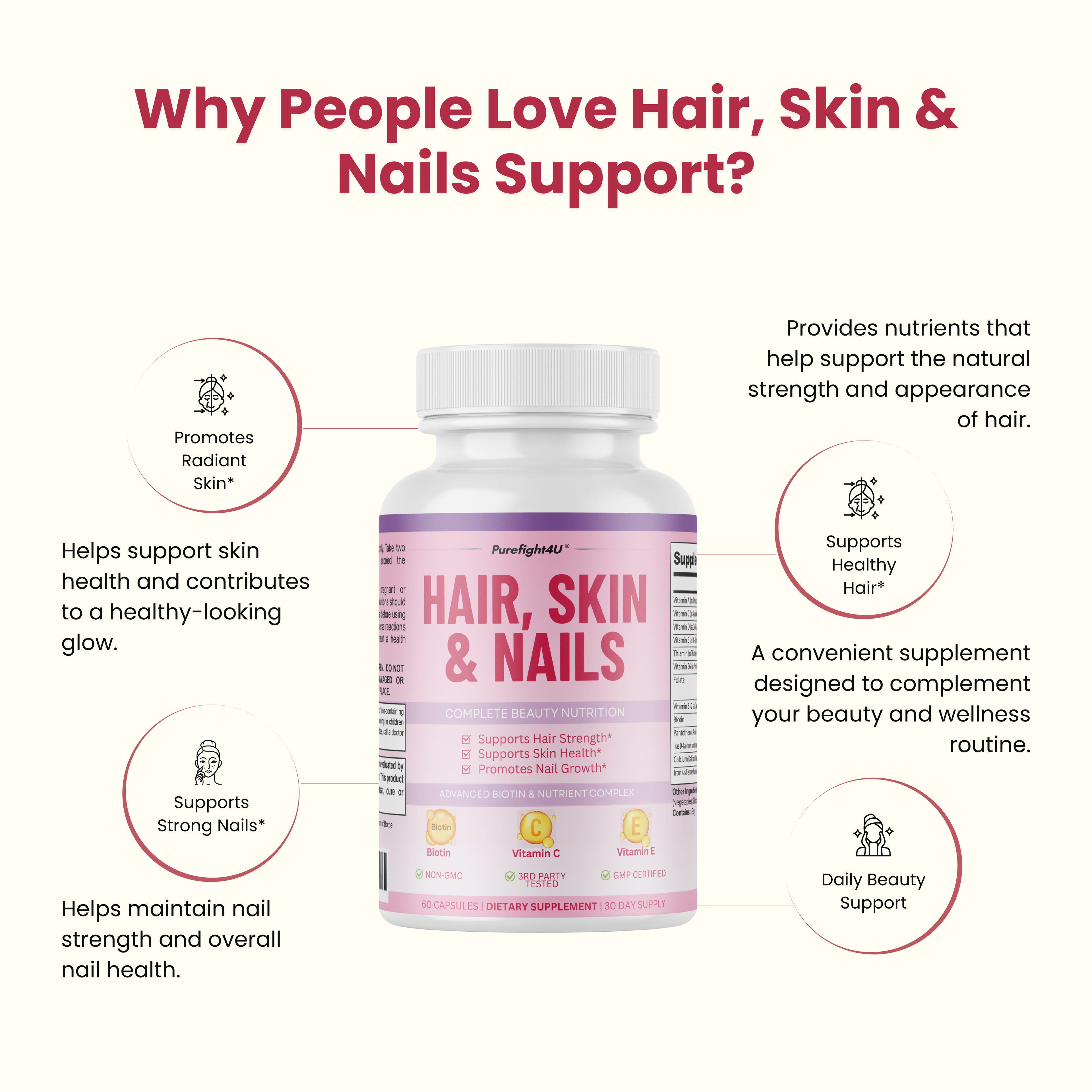 Purefight4u Hair, Skin & Nails Supports Healthy Hair Growth wBiotin -60 Capsules