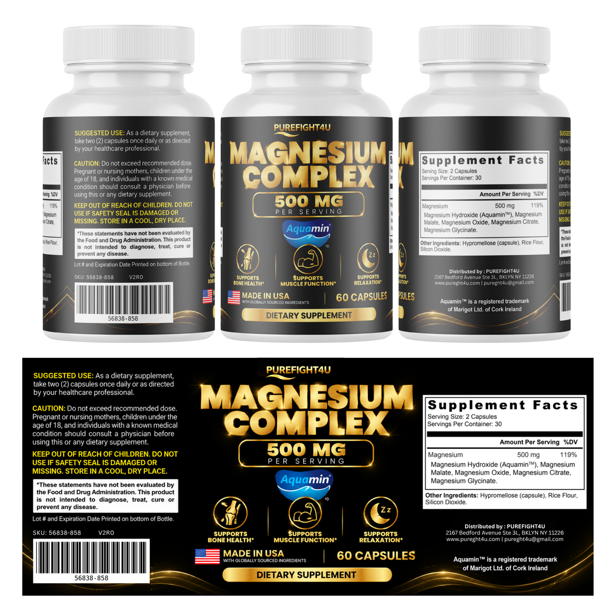 PureFight4U Magnesium Complex 500 mg, Multi-Form Magnesium Dietary Supplement, 60 Capsules