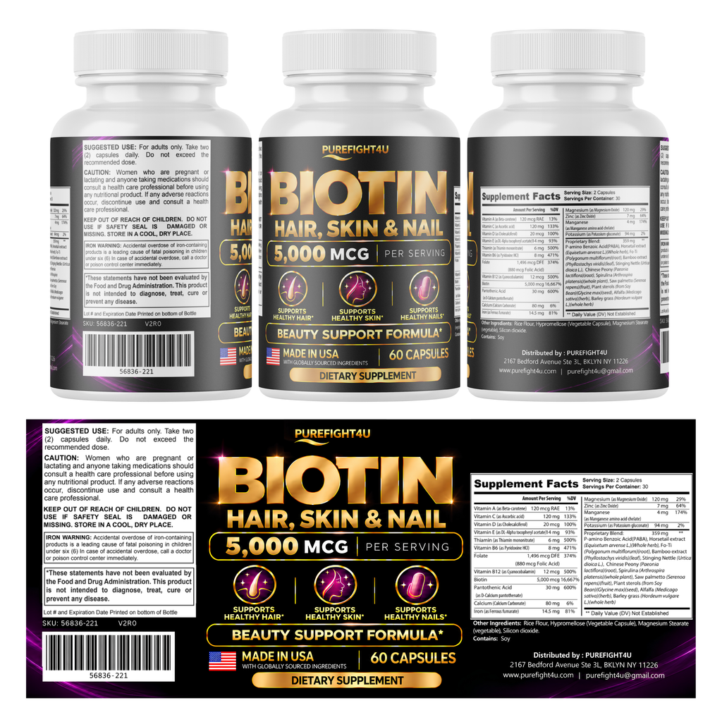 PureFight4U Biotin 5,000 mcg Dietary Supplement, Hair Skin & Nail Formula, 60 Capsules