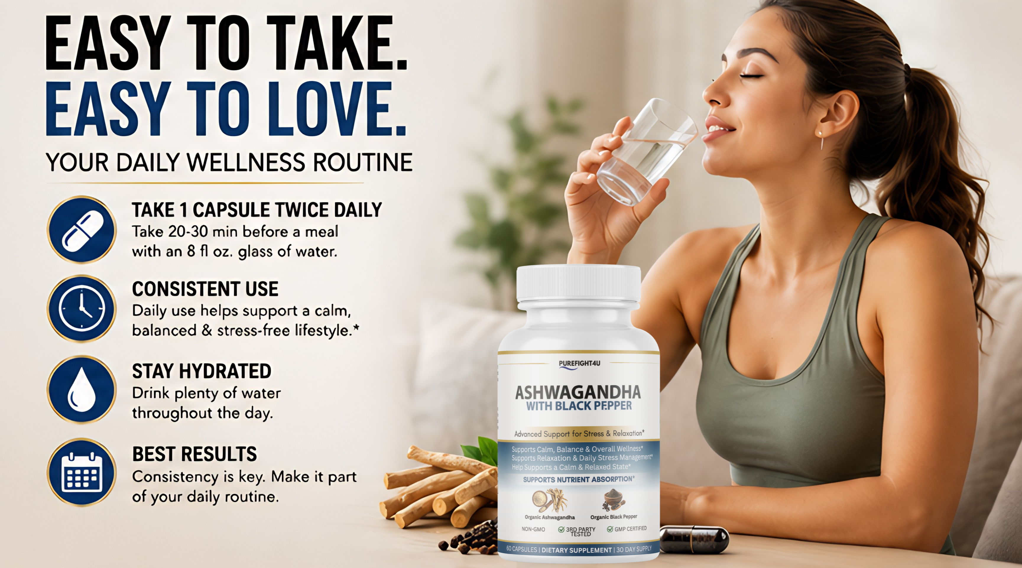 Ashwagandha Stress Relaxation Calm Support Supplement 60 Capsules