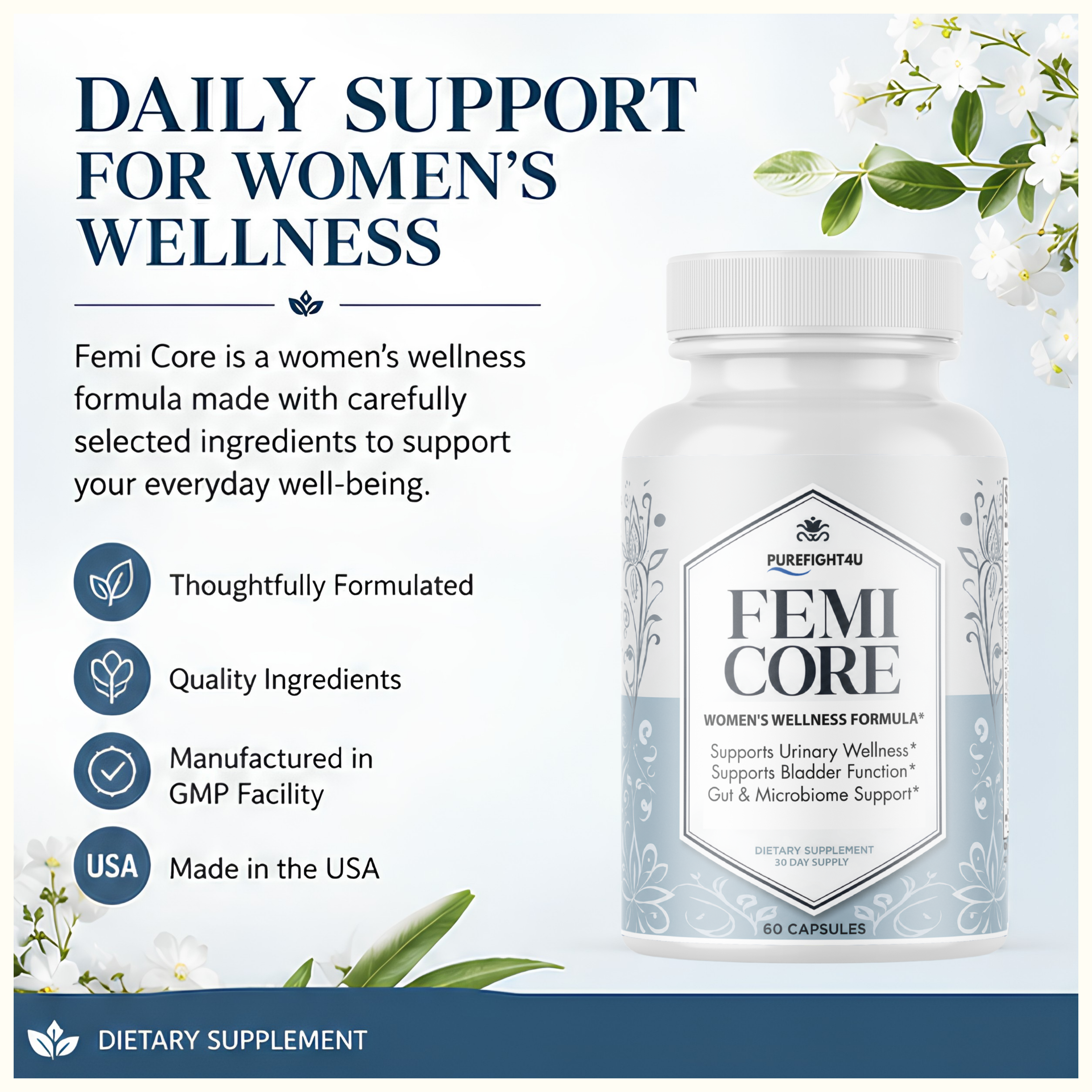 FemiCore Women's Daily Wellness Formula Supplement - 60 Capsules | 3 Bottles