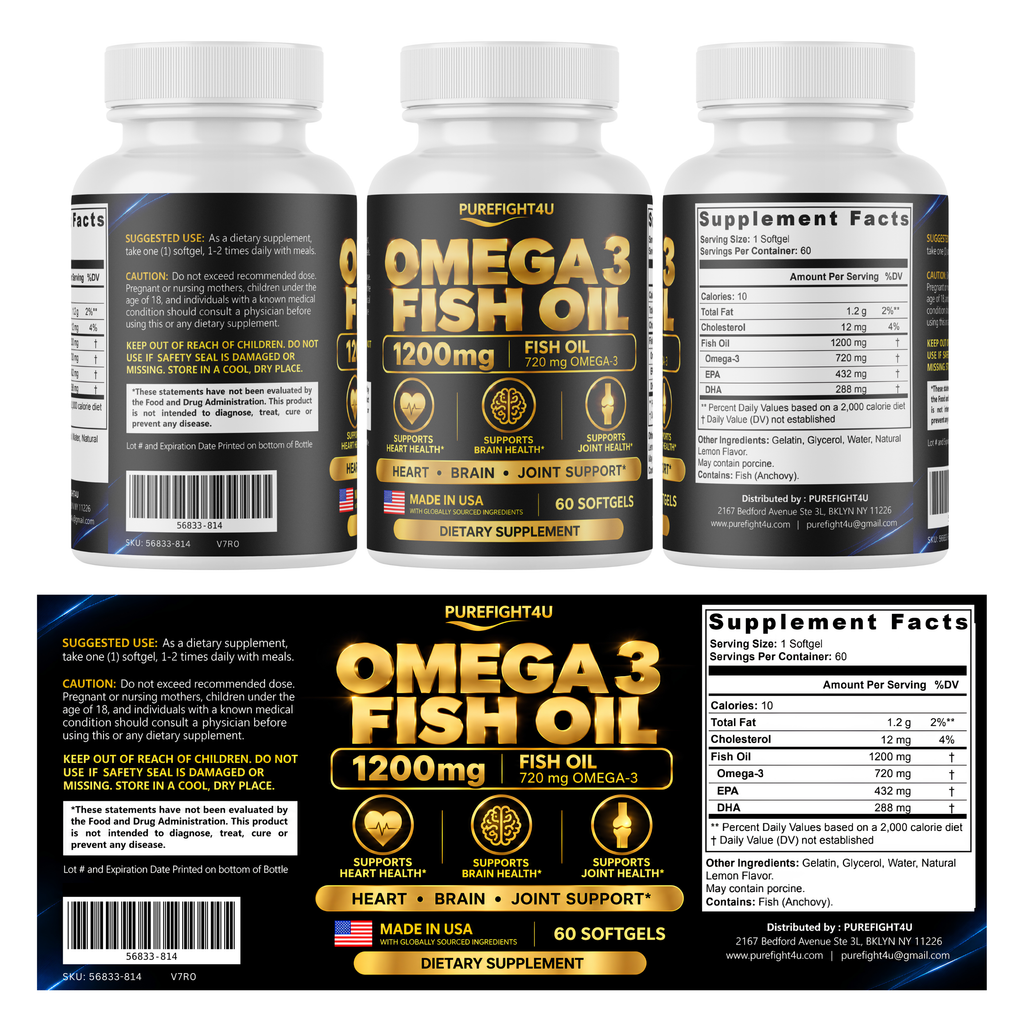 PUREFIGHT4U Omega 3 Fish Oil 1200 mg, 720 mg Omega-3, EPA 432 mg & DHA 288 mg, 60 Softgels