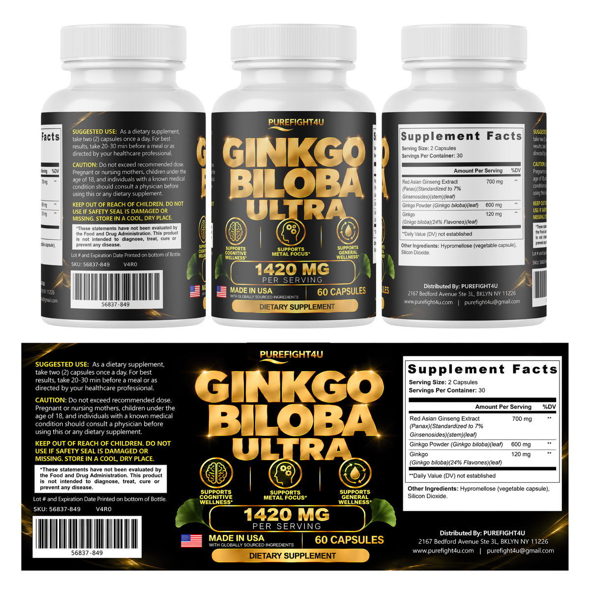 PUREFIGHT4U Ginkgo Biloba Ultra 1420 mg, Ginkgo & Red Asian Ginseng, Cognitive & Mental Focus Support, 60 Capsules
