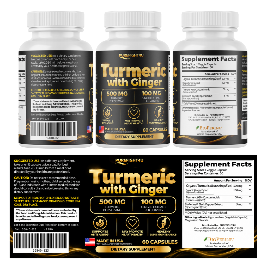 PUREFIGHT4U Turmeric with Ginger, 500 mg Turmeric & 100 mg Ginger Extract, Joint Wellness Support, 60 Capsules