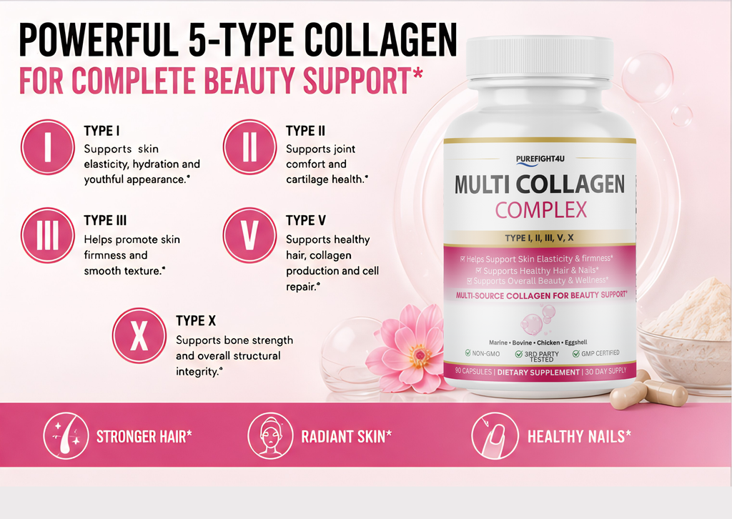 Multi Collagen Complex Type I II III V X 1800mg Skin Hair Nails Support 90 Capsules