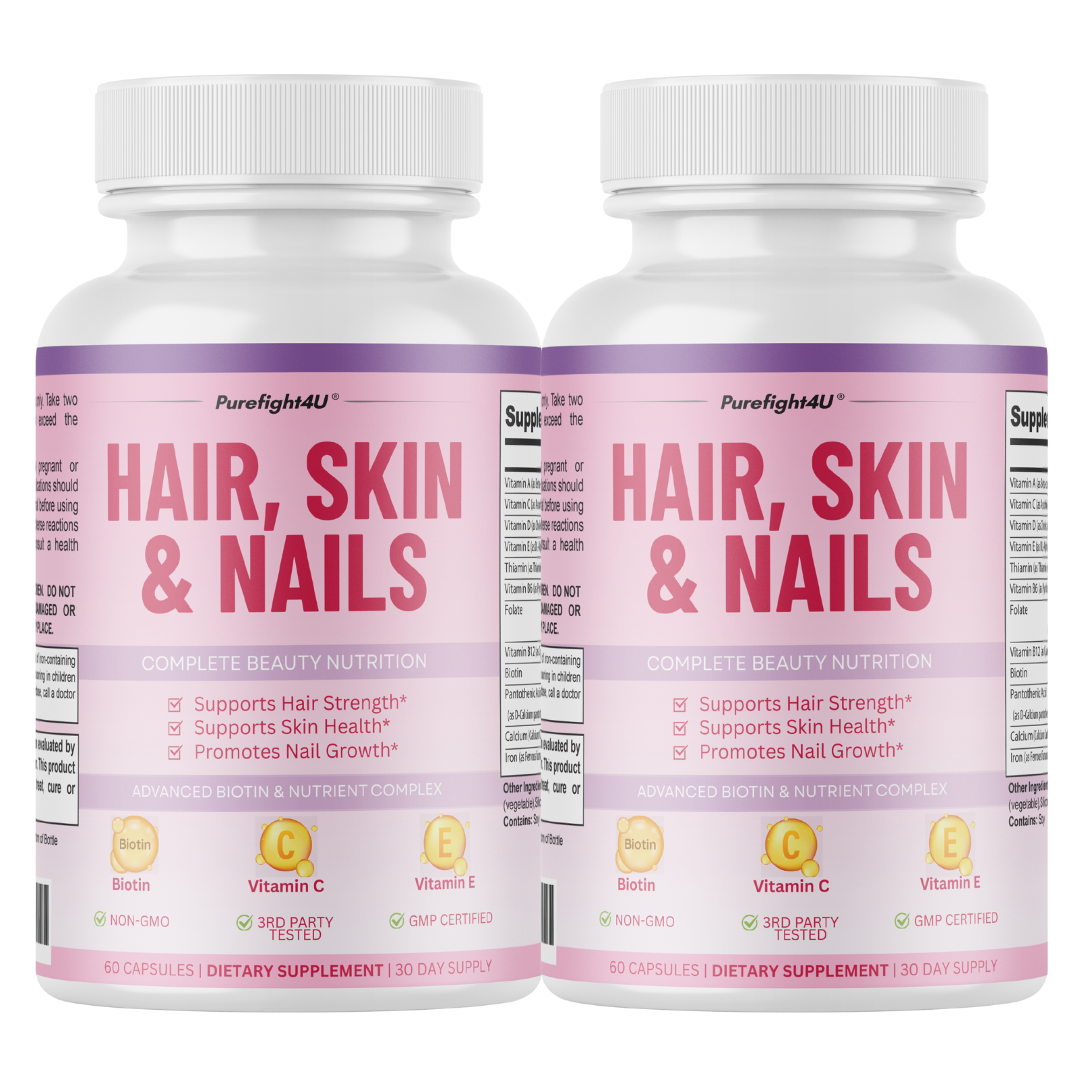 Purefight4u Hair, Skin & Nails Supports Healthy Hair Growth wBiotin -60 Capsules