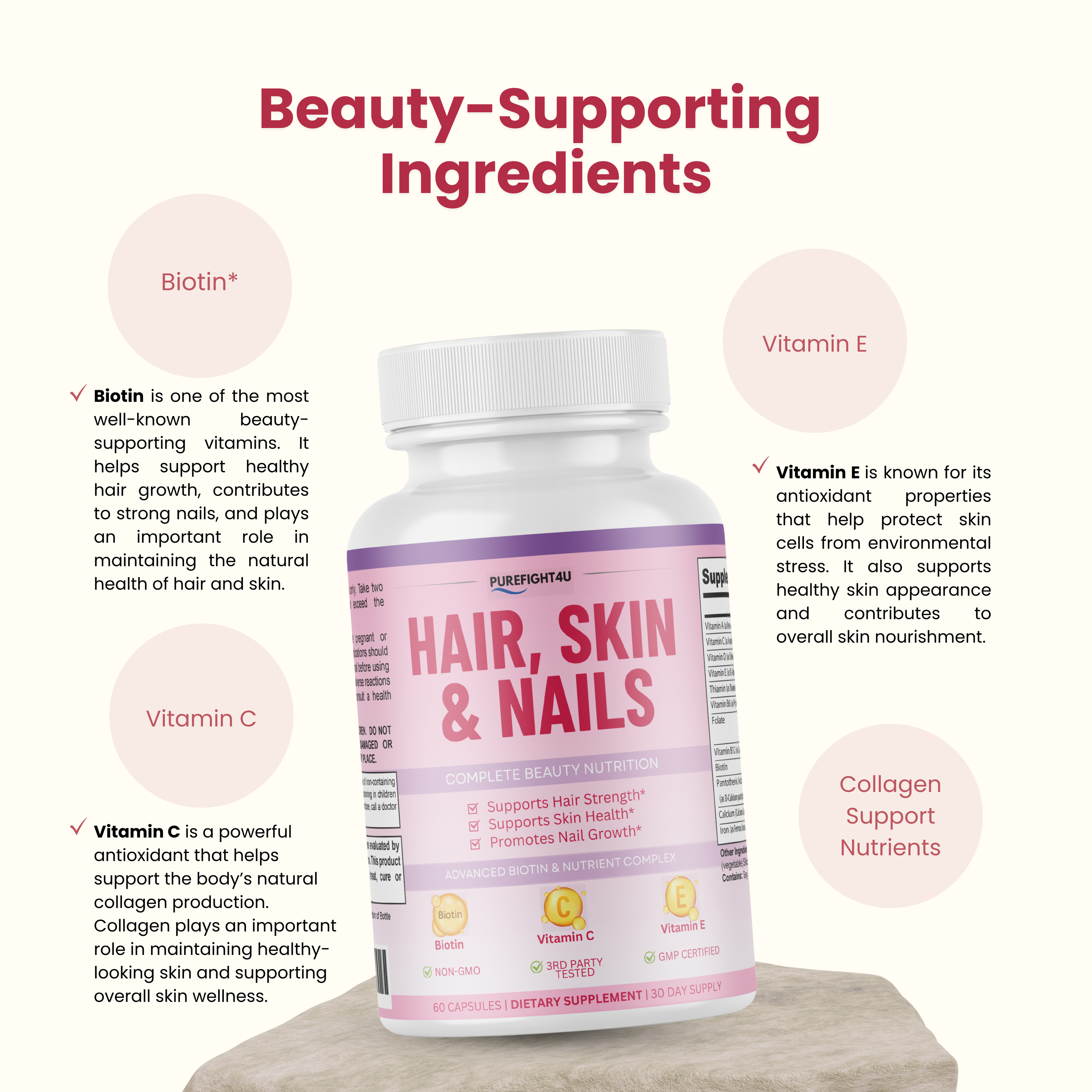 Purefight4u Hair, Skin & Nails Supports Healthy Hair Growth wBiotin -60 Capsules