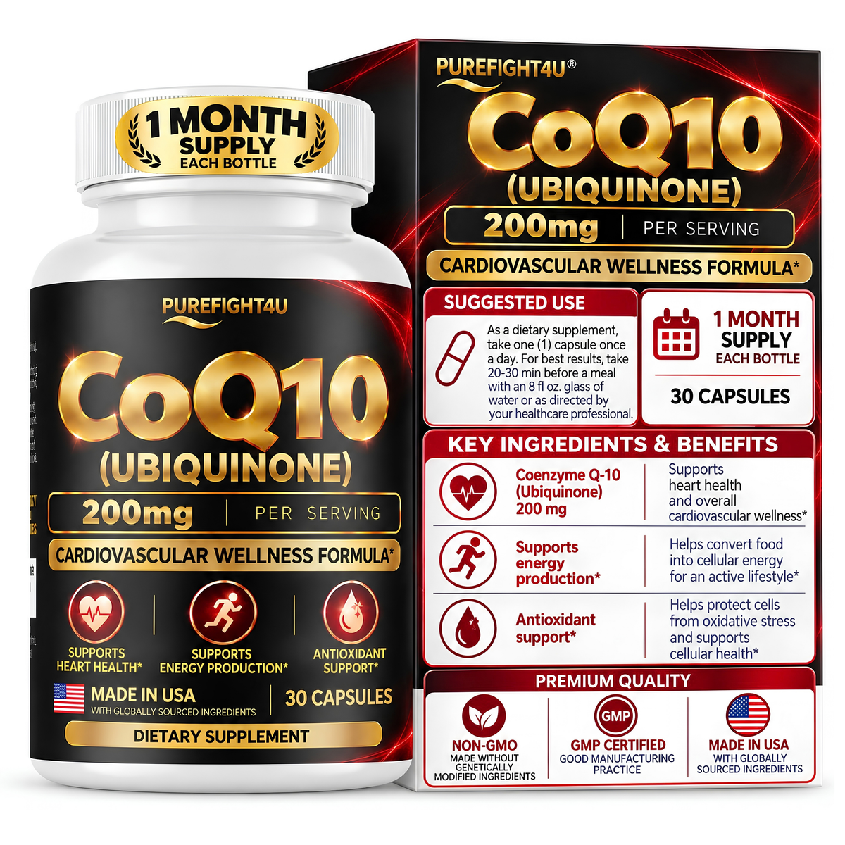 PureFight4U CoQ10 200 mg Ubiquinone Dietary Supplement, 30 Capsules