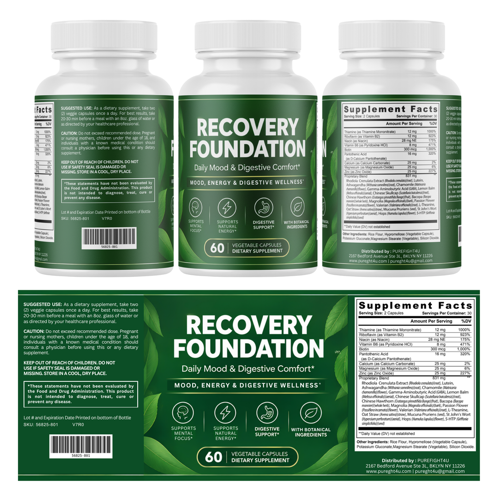 Recovery Foundation, Mood, Energy & Digestive Wellness, Botanical Dietary Supplement, 60 Capsules
