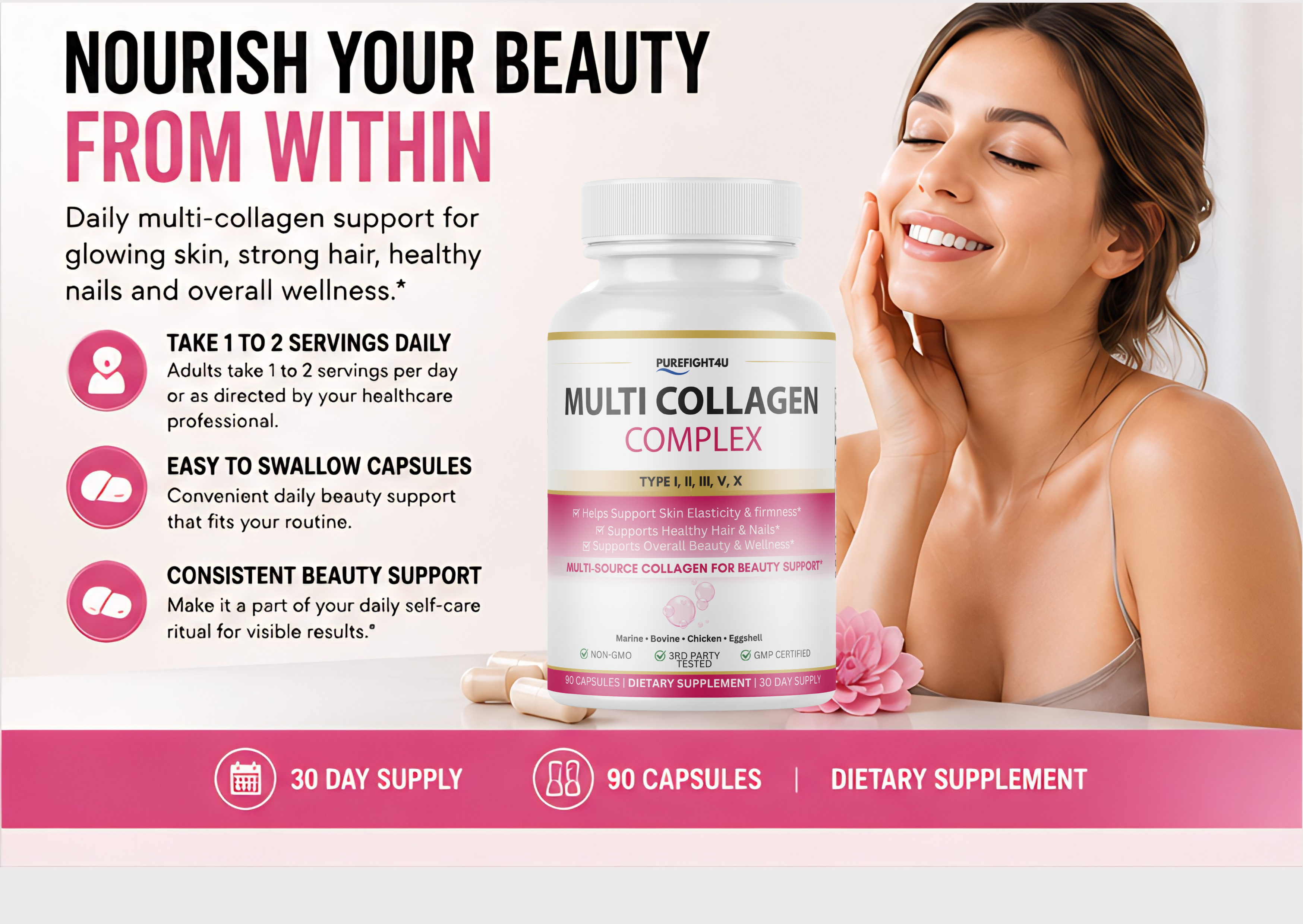 Multi Collagen Complex Type I II III V X 1800mg Skin Hair Nails Support 90 Capsules