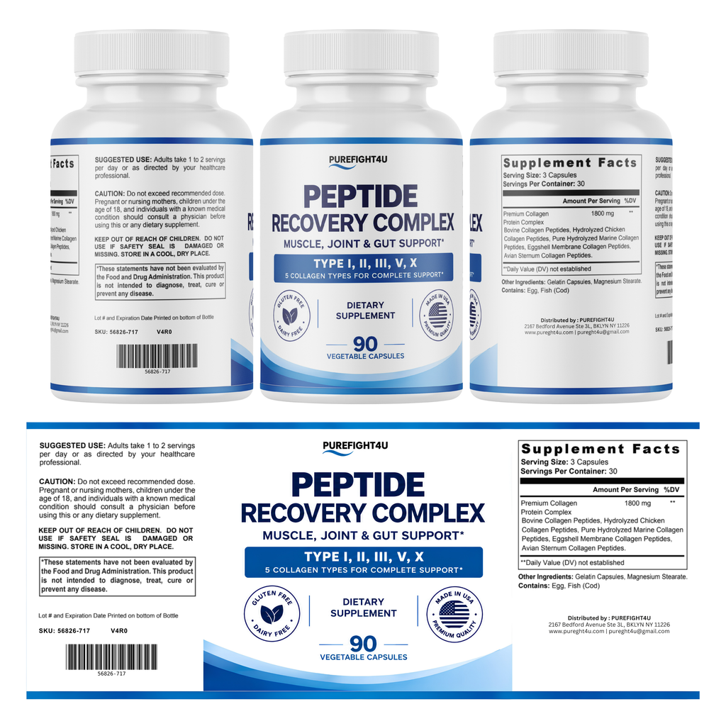 PUREFIGHT4U Peptide Recovery Complex, 1,800 mg Collagen Protein Complex, 5 Collagen Types, 90 Capsules