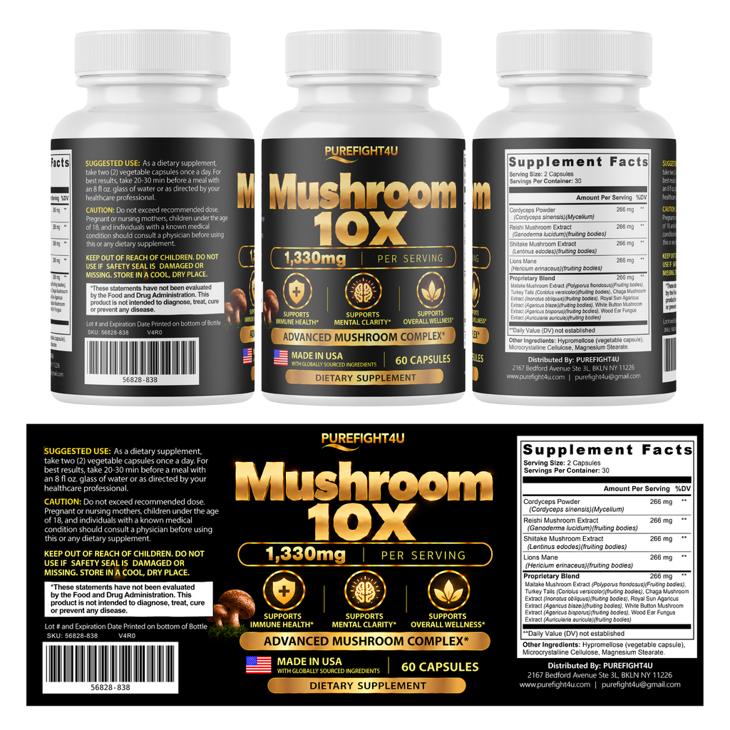PureFight4U Mushroom 10X Complex 1,330 mg, Cordyceps, Reishi, Shiitake & Lion's Mane, 60 Capsules