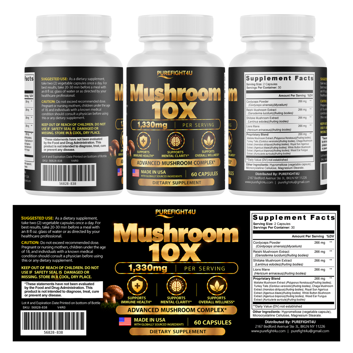 PureFight4U Mushroom 10X Complex 1,330 mg, Cordyceps, Reishi, Shiitake & Lion's Mane, 60 Capsules