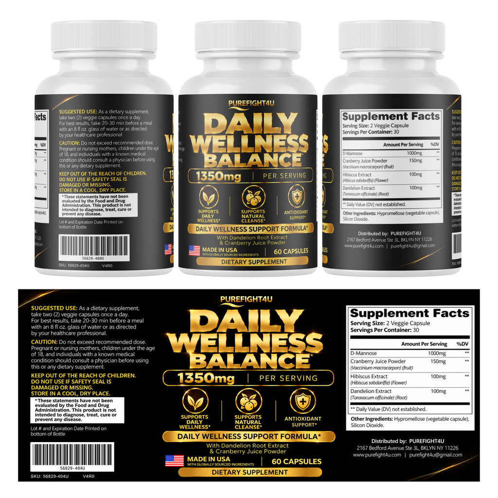PureFight4U Daily Wellness Balance with D-Mannose, Cranberry, Hibiscus & Dandelion, 60 Capsules