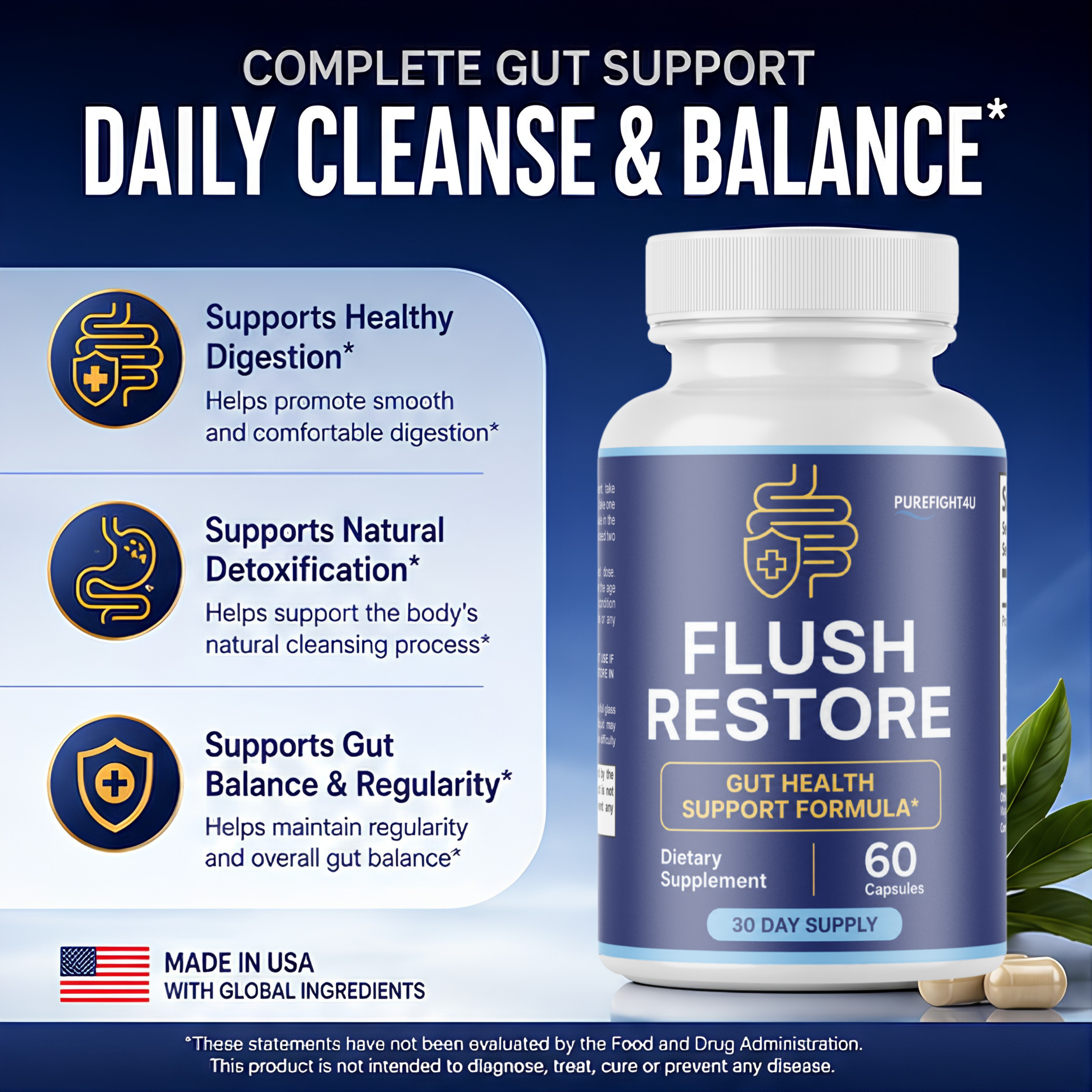 Flush Restore Gut Health Support Formula Supplement | 60 Capsules