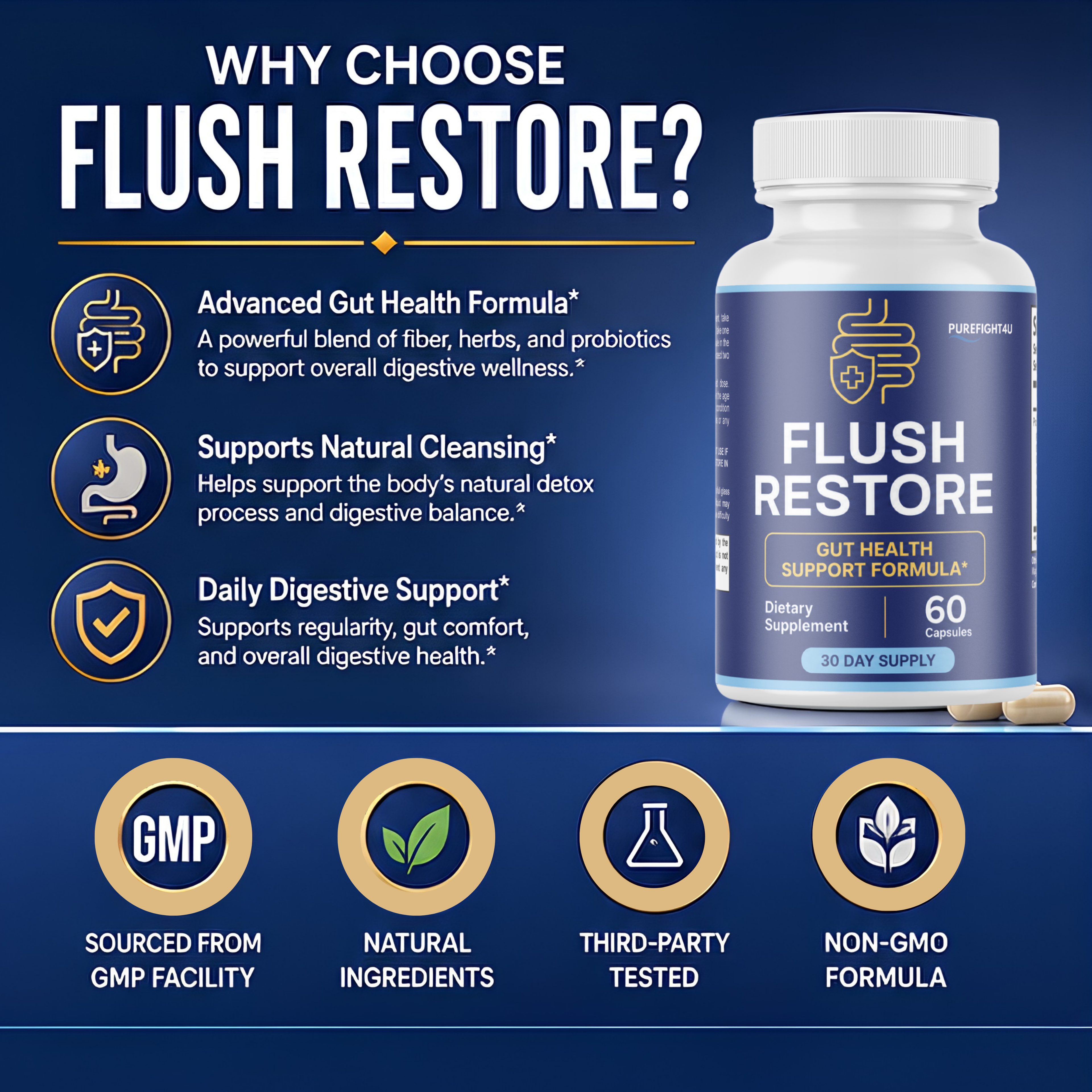 Flush Restore Gut Health Support Formula Supplement | 60 Capsules