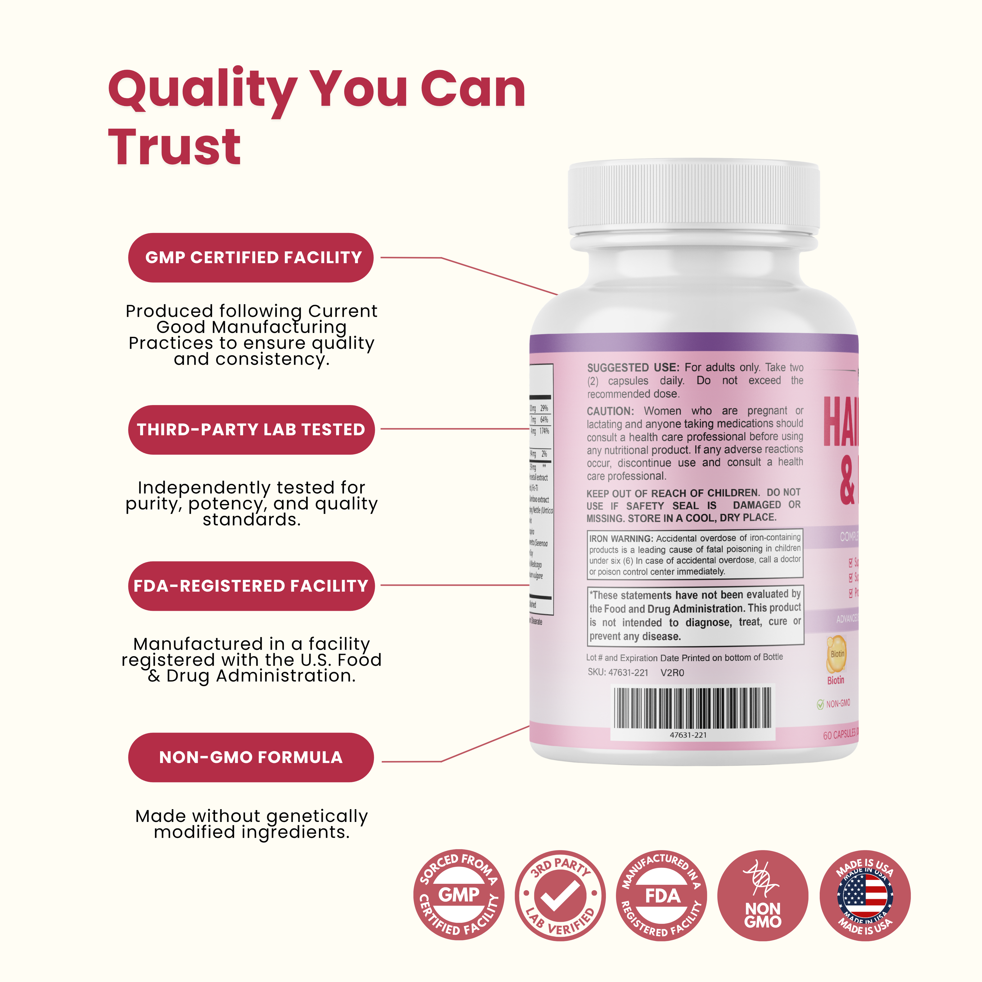 Purefight4u Hair, Skin & Nails Supports Healthy Hair Growth wBiotin -60 Capsules