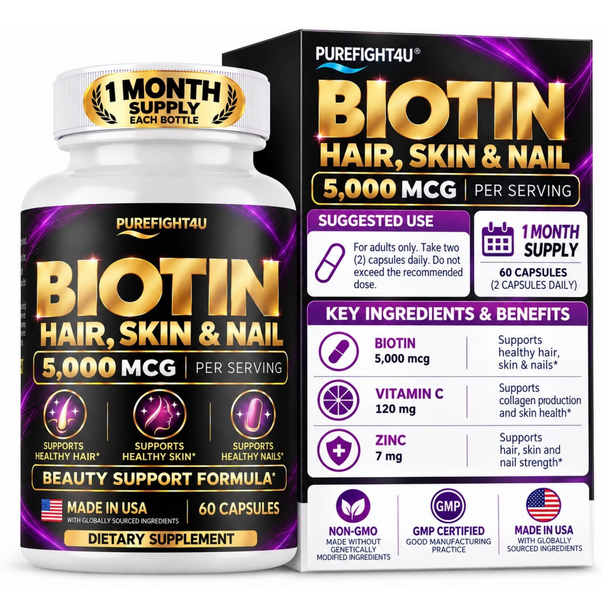 PureFight4U Biotin 5,000 mcg Dietary Supplement, Hair Skin & Nail Formula, 60 Capsules