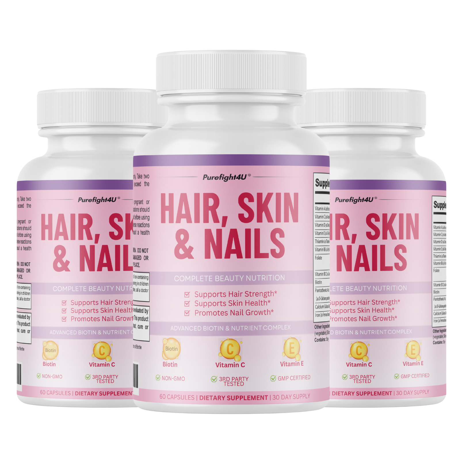Purefight4u Hair, Skin & Nails Supports Healthy Hair Growth wBiotin -60 Capsules