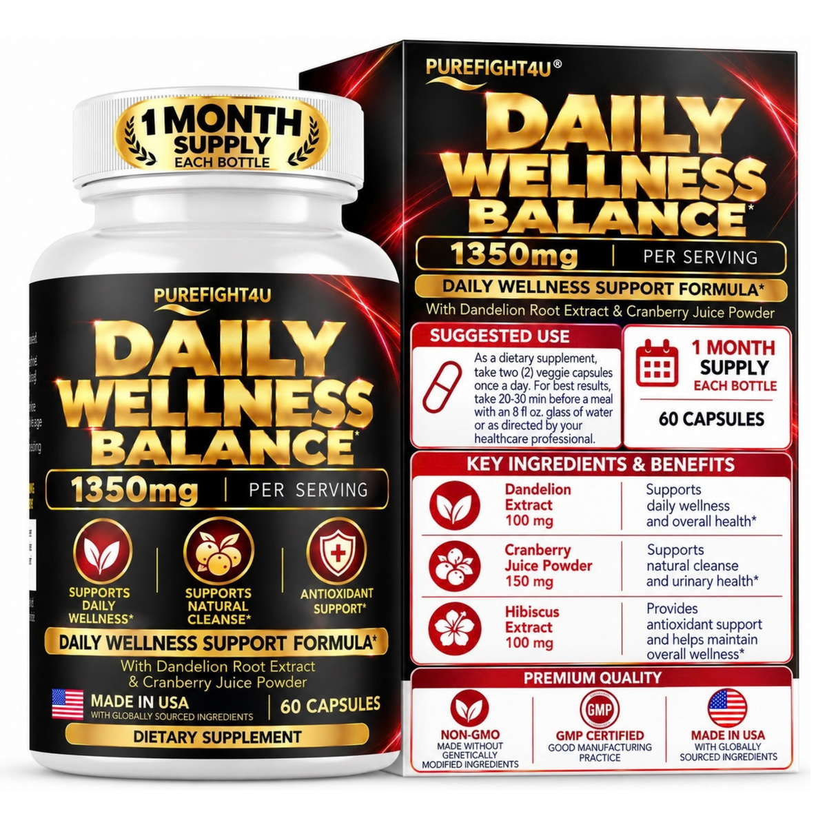 PureFight4U Daily Wellness Balance with D-Mannose, Cranberry, Hibiscus & Dandelion, 60 Capsules