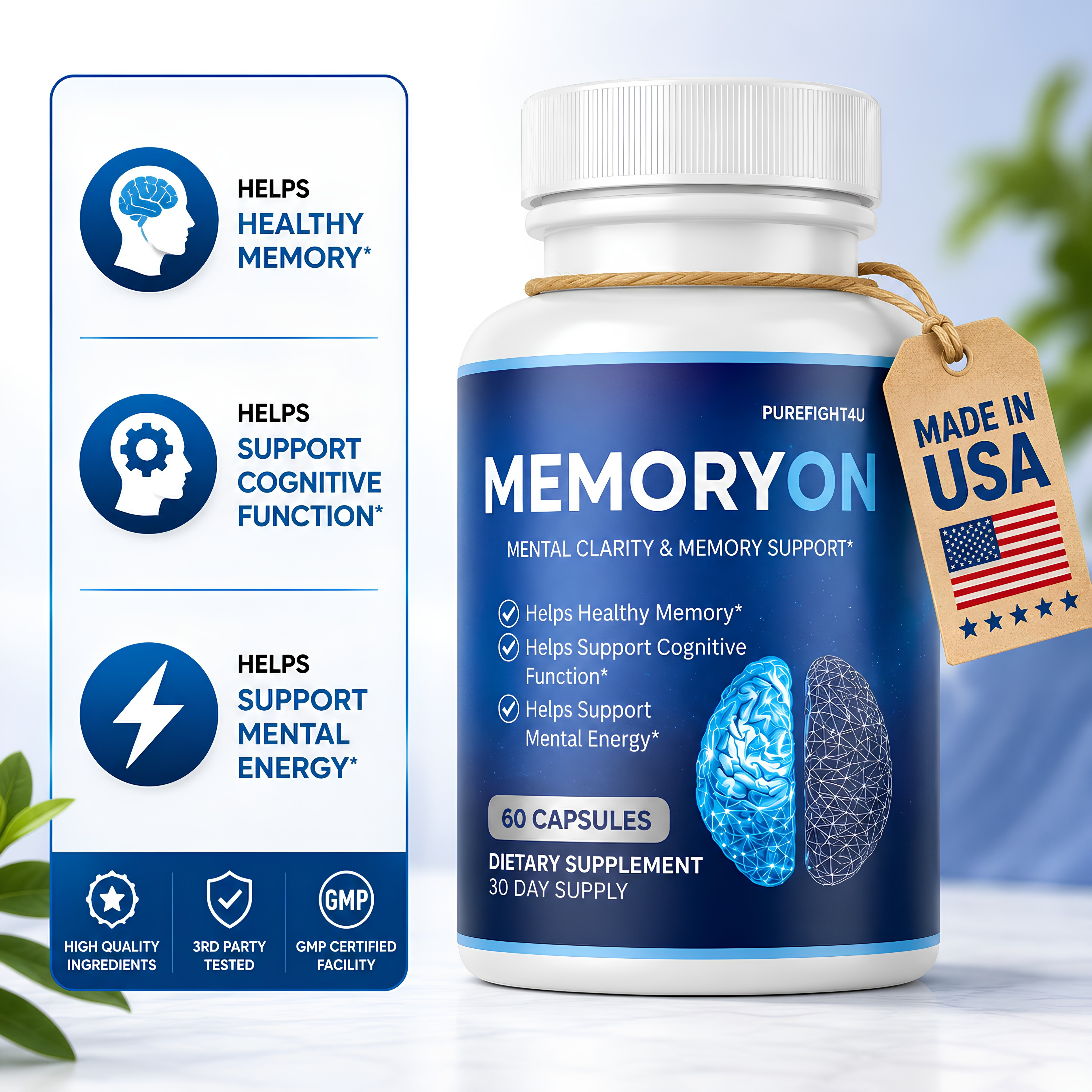 MemoryOn Brain Mental Clarity Support Supplement | 60 Capsules